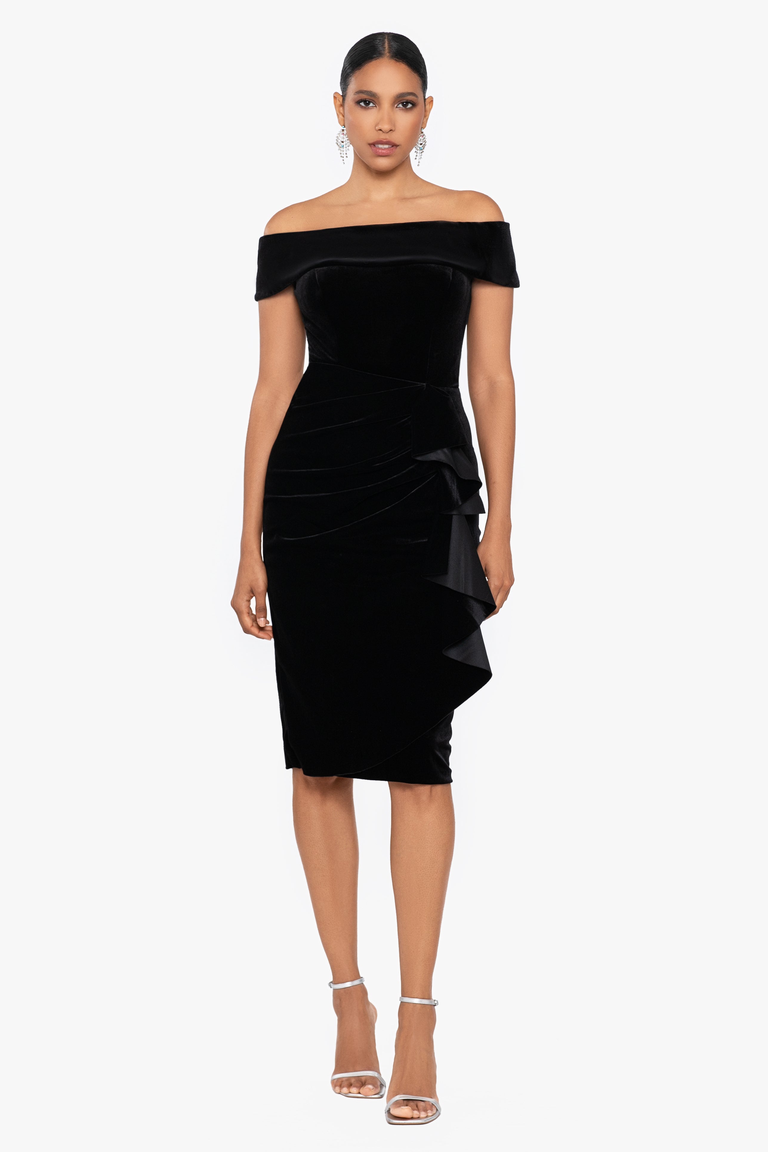 "Cassandra" Off the Shoulder Velvet Ruffle Knee Length Dress
