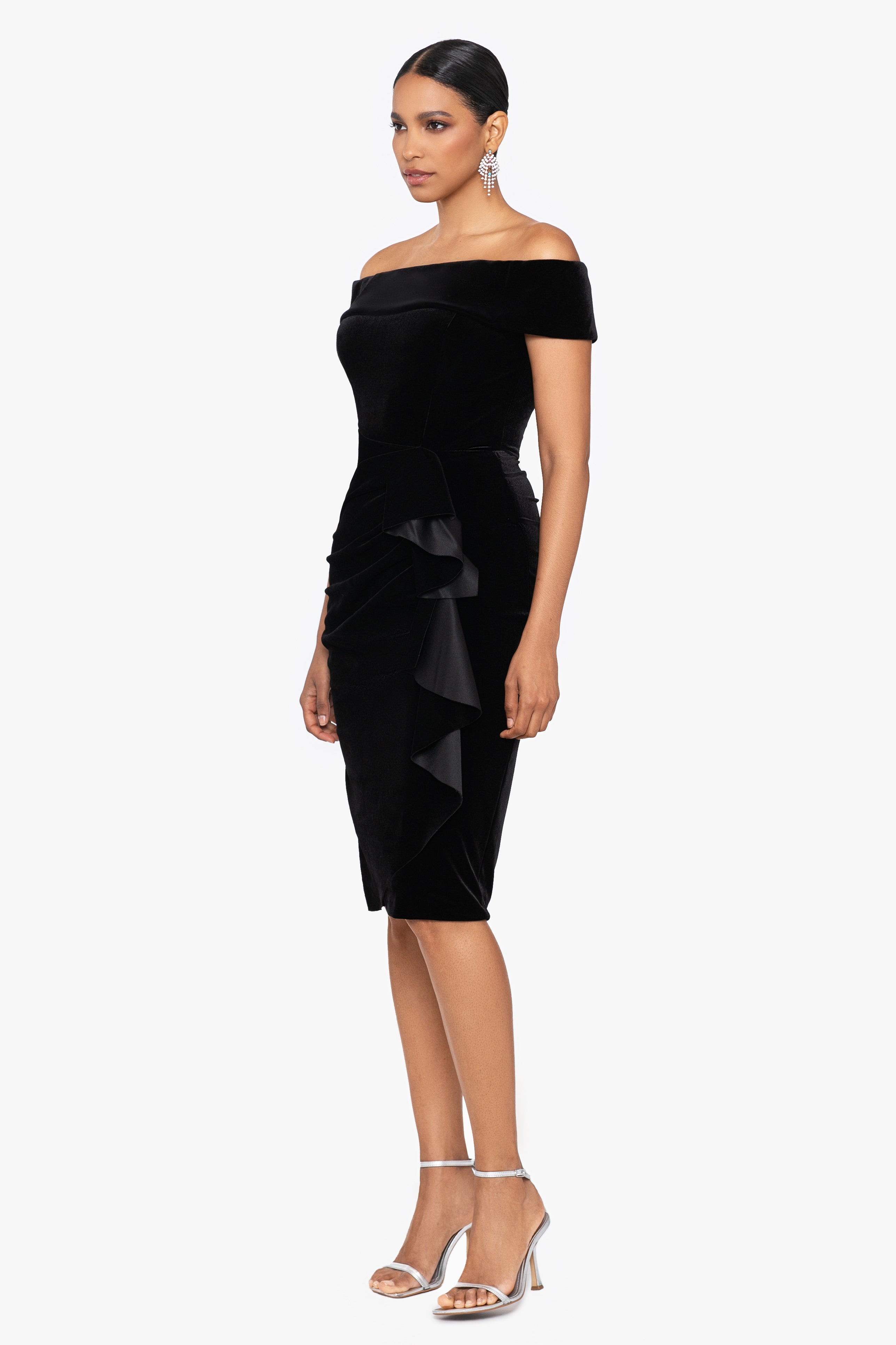 "Cassandra" Off the Shoulder Velvet Ruffle Knee Length Dress