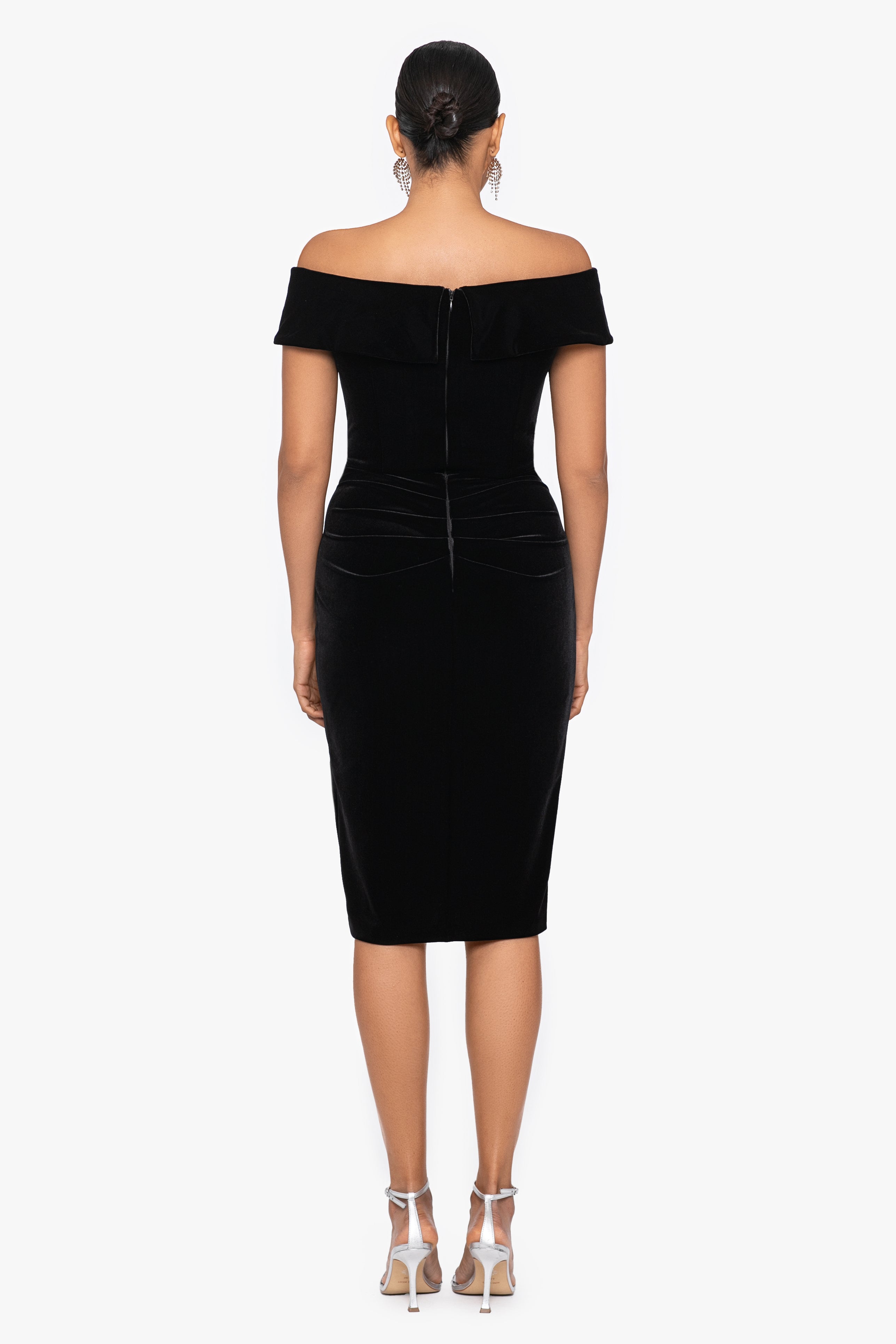 "Cassandra" Off the Shoulder Velvet Ruffle Knee Length Dress