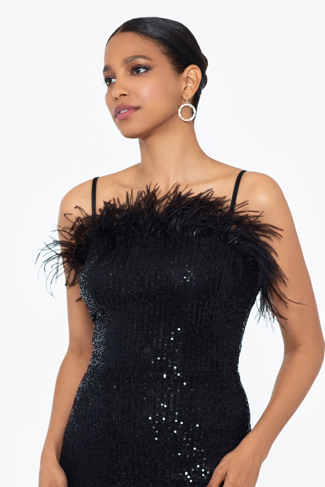 "Maxine" Long Sequins Feather Top Dress