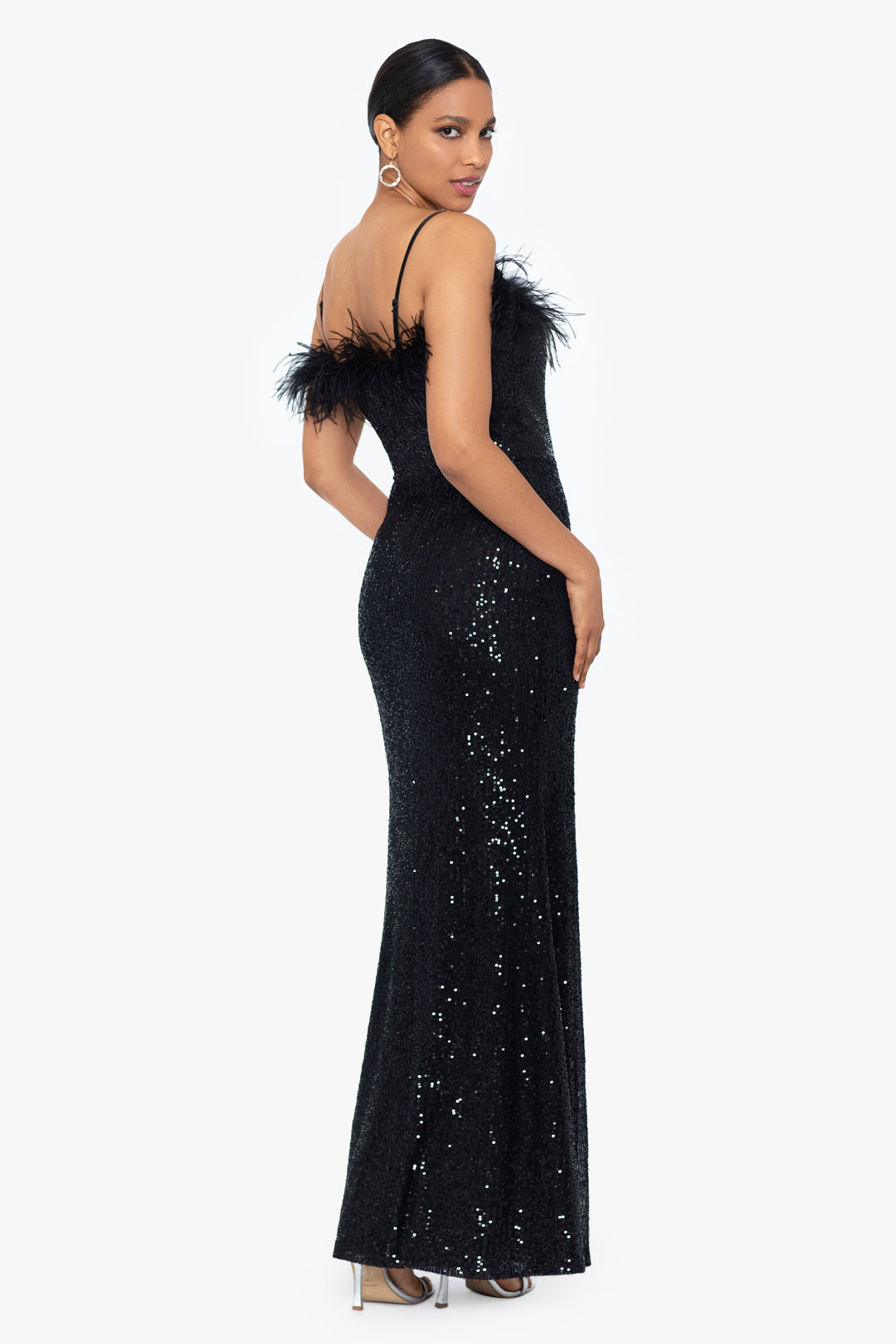 "Maxine" Long Sequins Feather Top Dress
