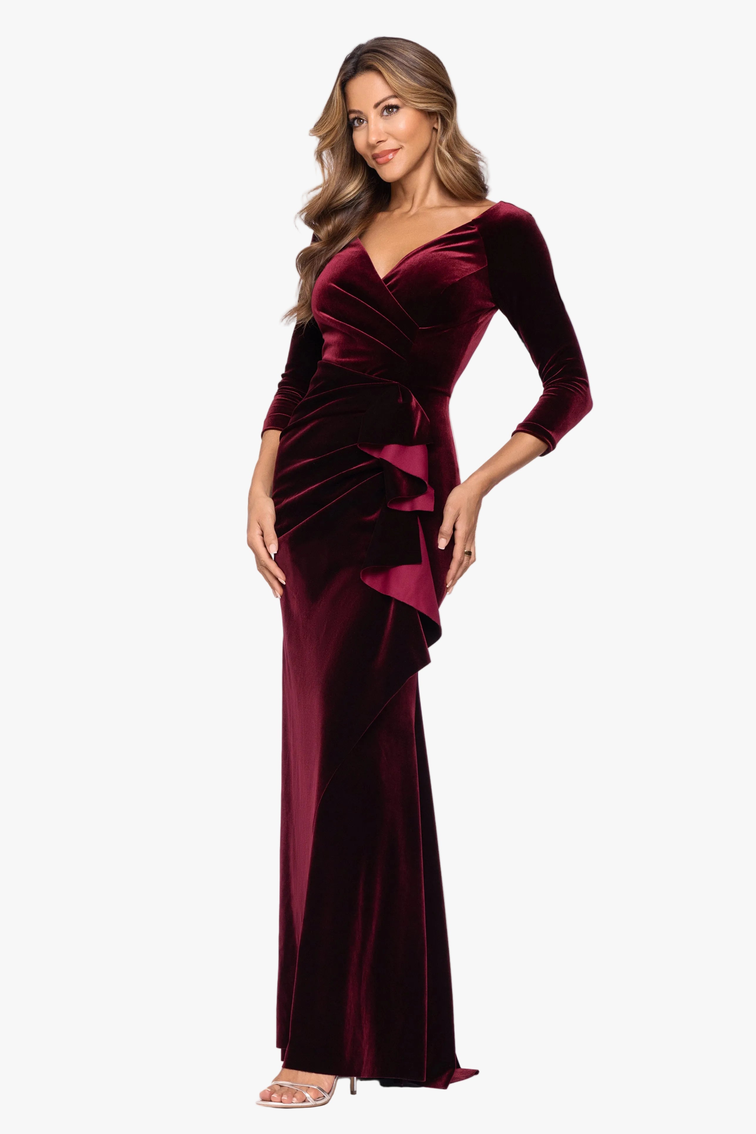 "Shae" Velvet Ruffle Front Long Sleeve Dress