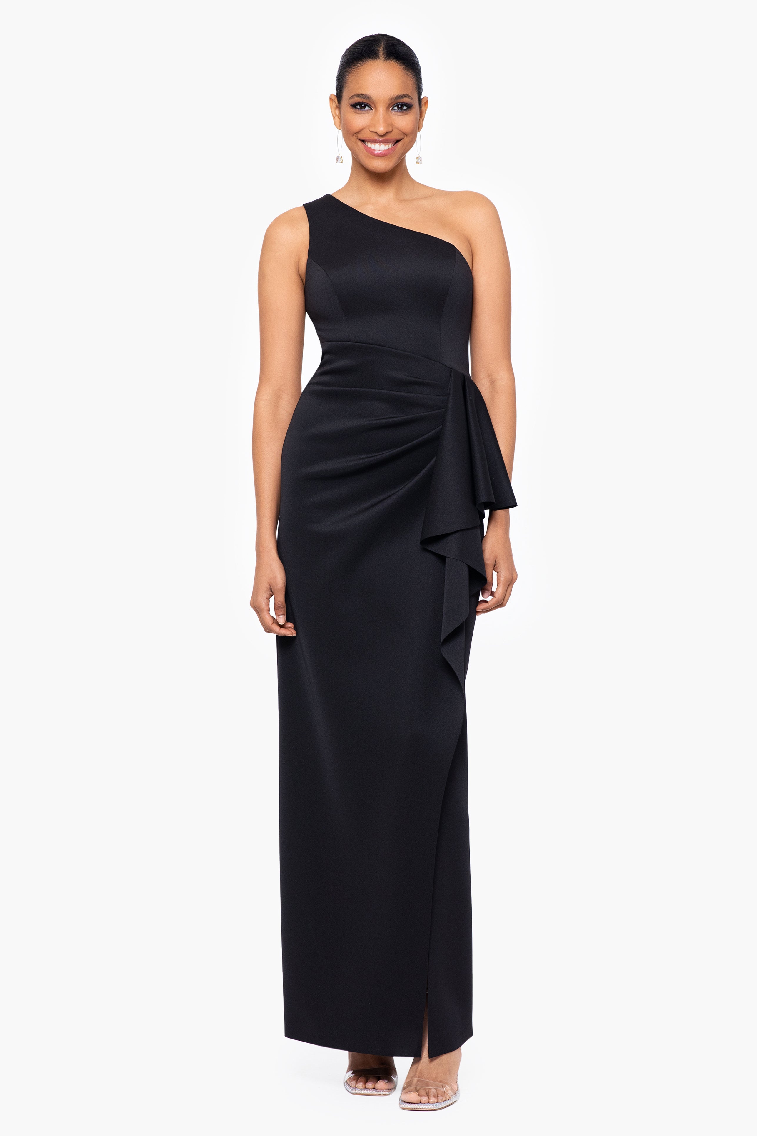 Petite "Tana" Long Scuba One Shoulder Ruffle Floor Length Dress