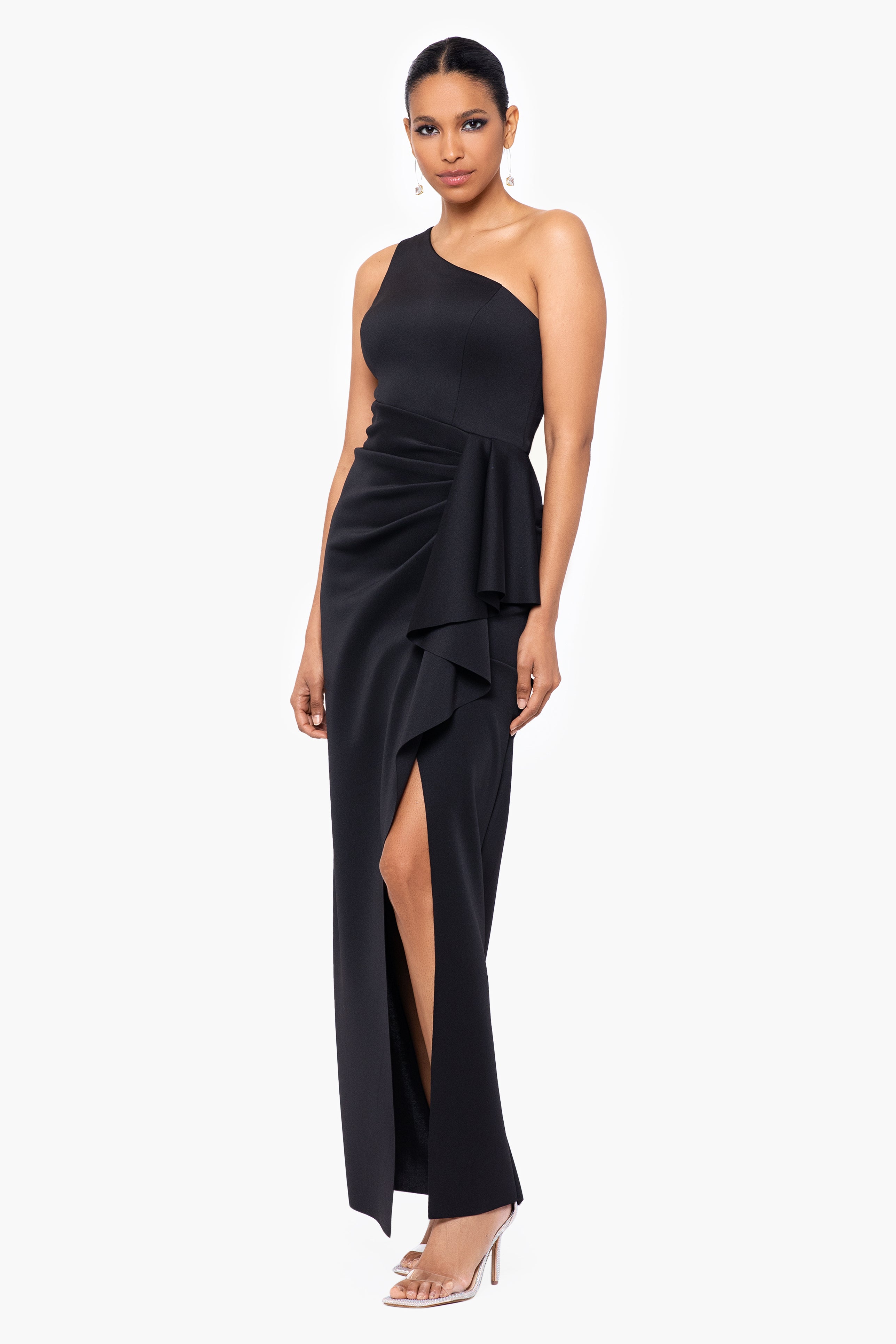 Petite "Tana" Long Scuba One Shoulder Ruffle Floor Length Dress