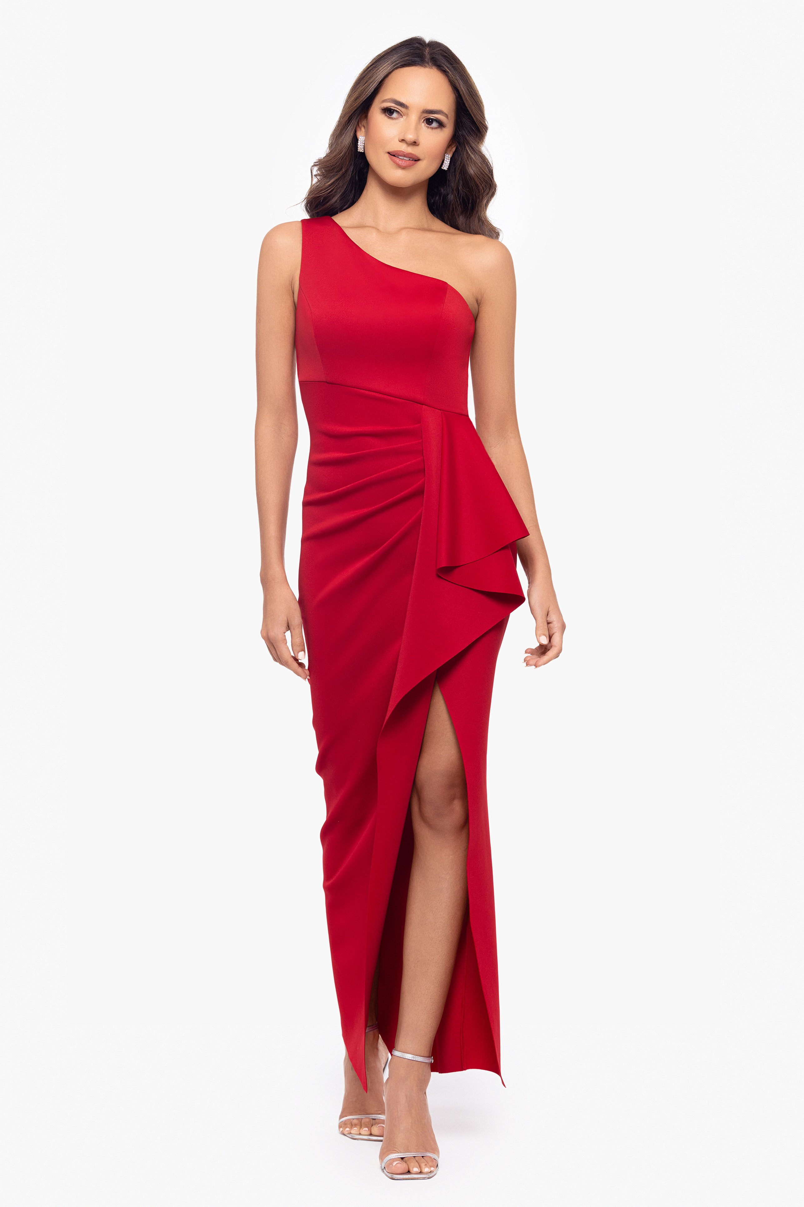 "Tana" Long Scuba One Shoulder Ruffle Floor Length Dress