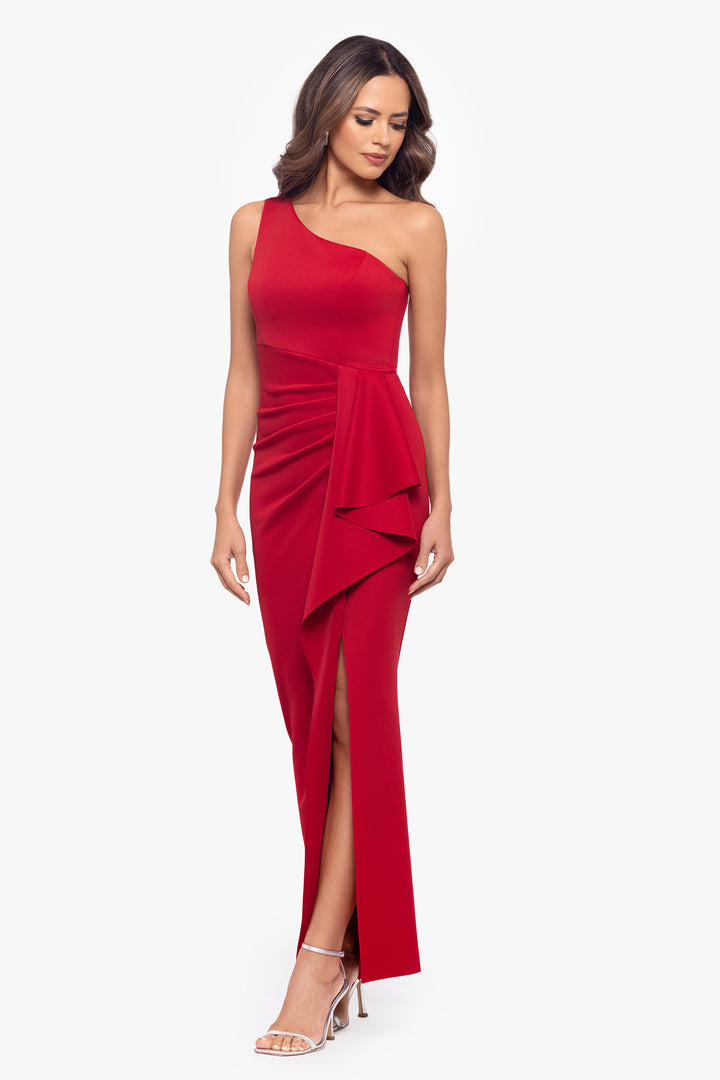 "Tana" Long Scuba One Shoulder Ruffle Floor Length Dress