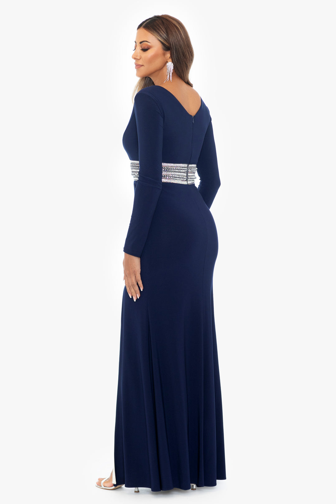 "Twyla" Long V-Neck Jersey Knit Beaded Waist Dress