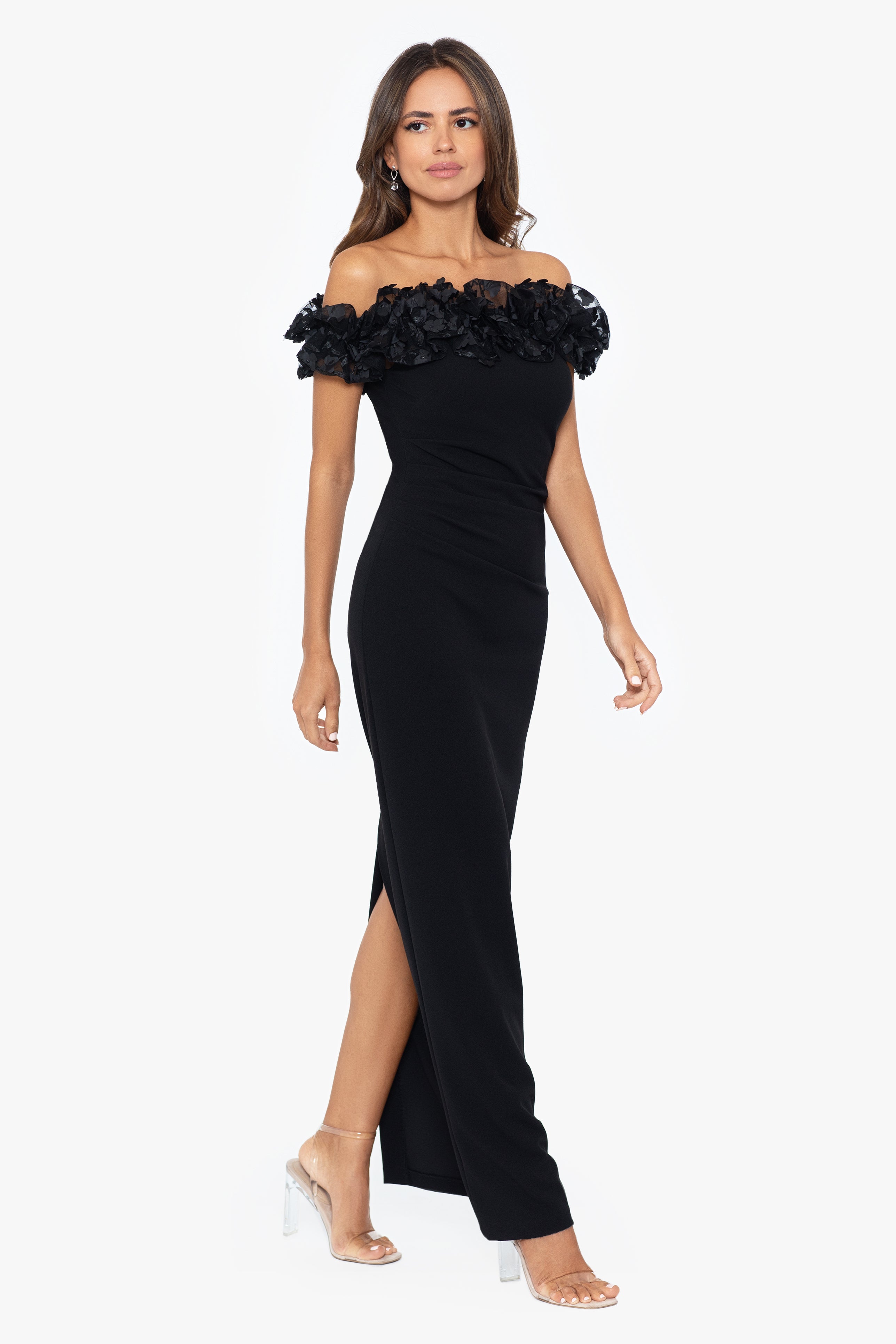 "Maya" Long Off the Shoulder 3D Ruffle Dress