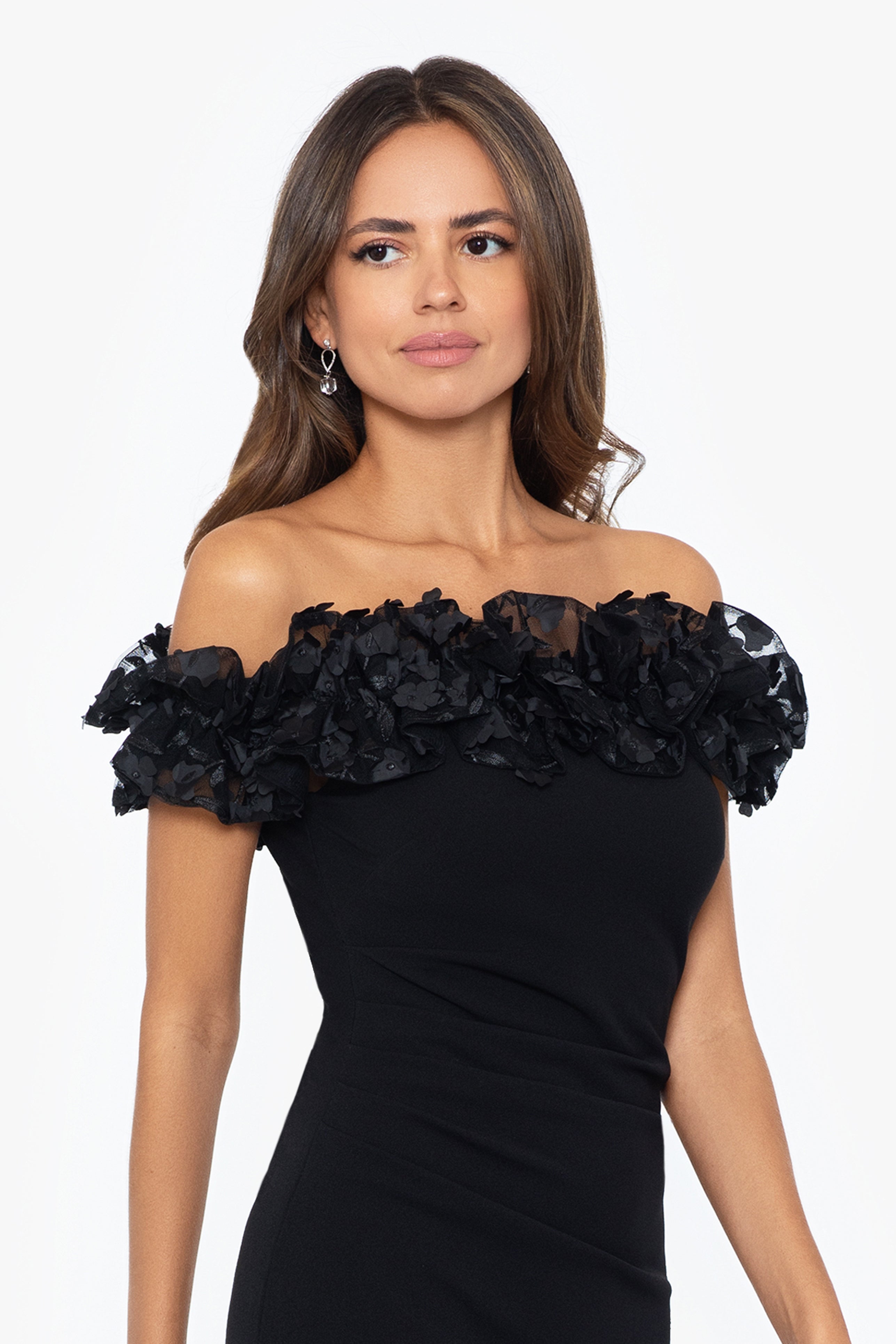 "Maya" Long Off the Shoulder 3D Ruffle Dress