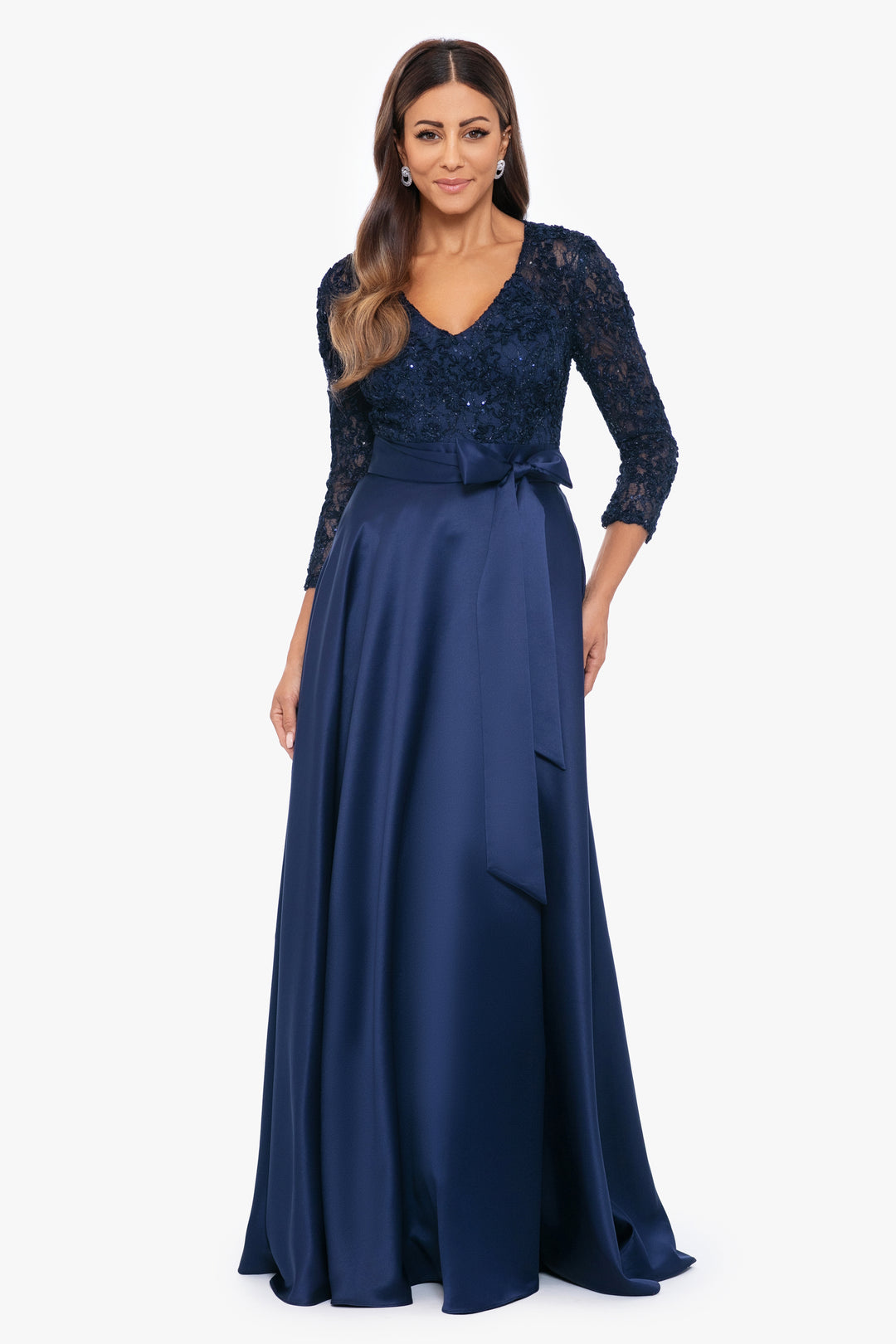 "Cordelia" Long Lace and Satin 3/4 Sleeve Ball Gown