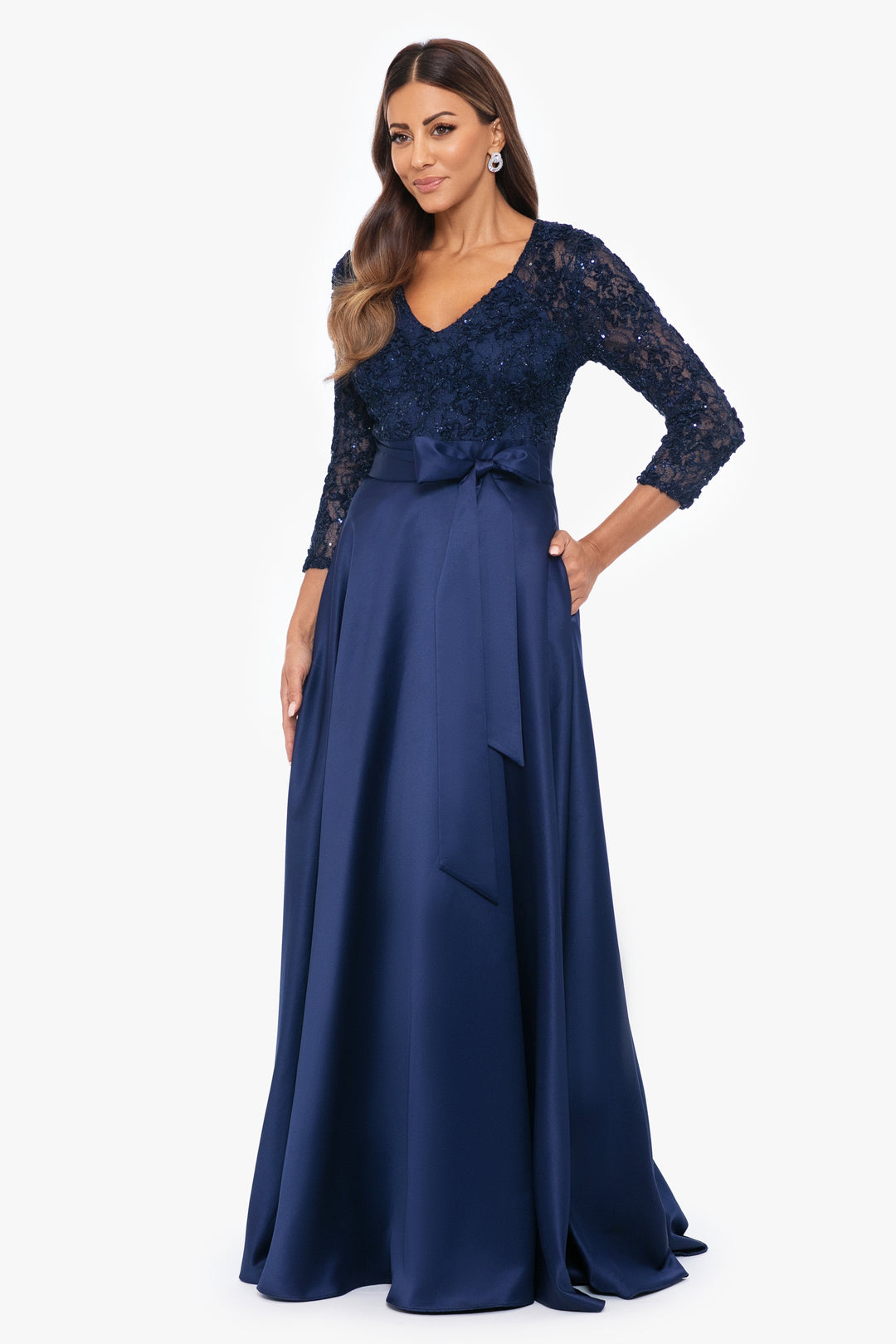 "Cordelia" Long Lace and Satin 3/4 Sleeve Ball Gown