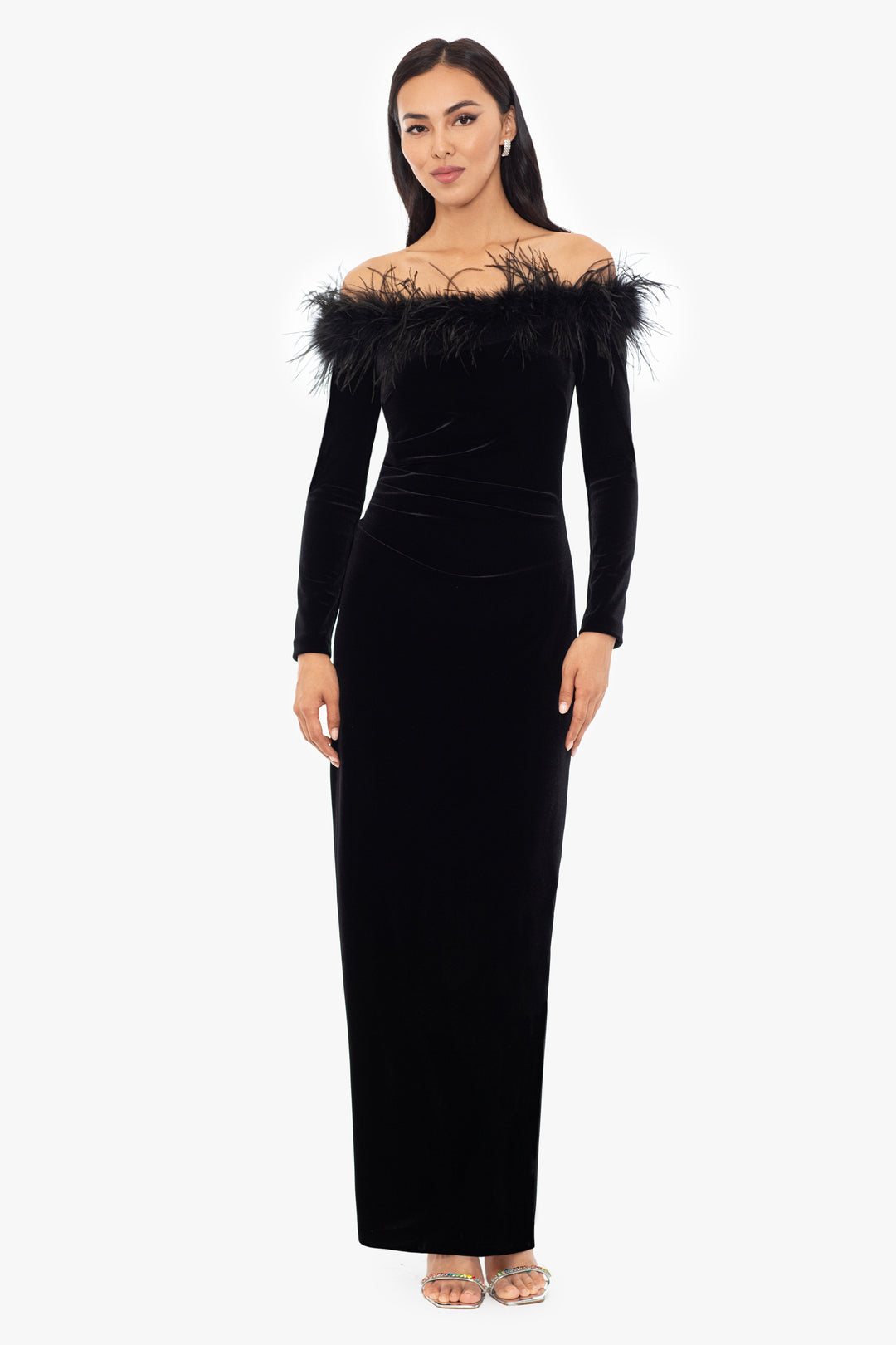"Esther" Off the Shoulder Long Sleeve Velvet Dress With Feathers
