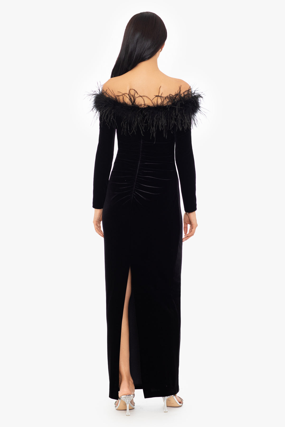 "Esther" Off the Shoulder Long Sleeve Velvet Dress With Feathers