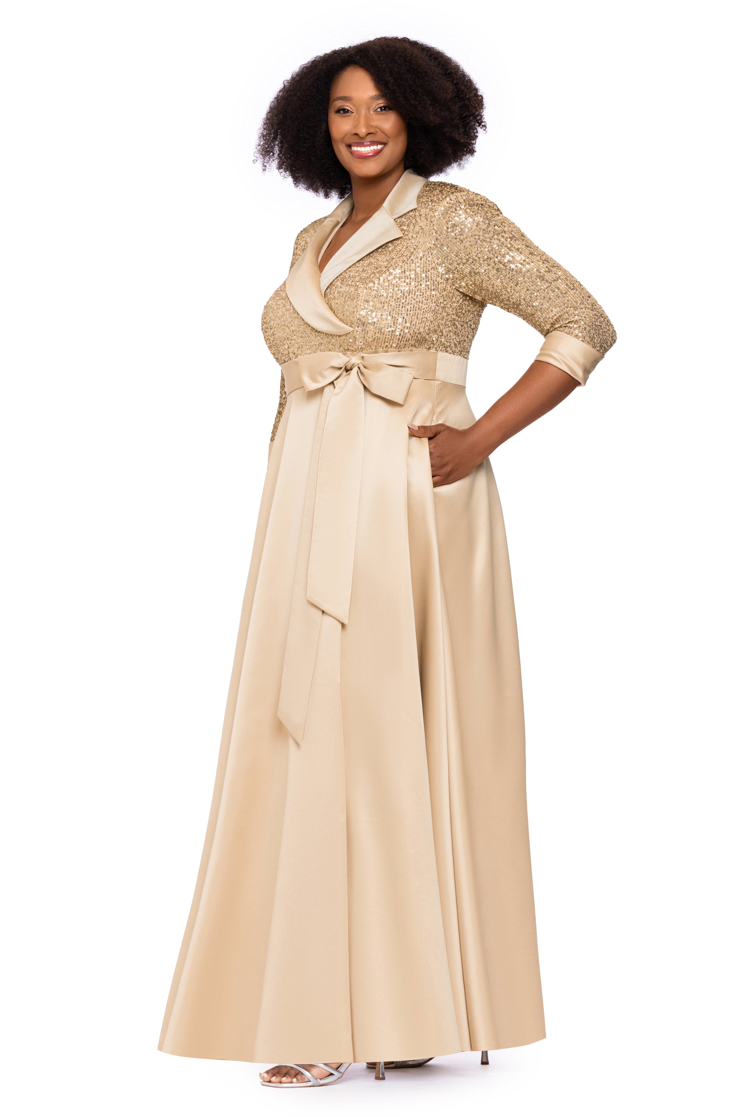 Plus " Megan" Tuxedo Sequin & Lamour Satin Ballgown
