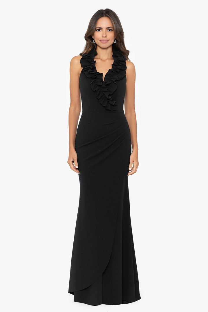 "Sammy" Long Scuba Crepe V-Neck Ruffle Dress