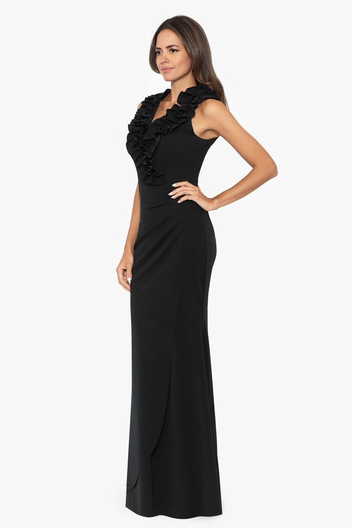 "Sammy" Long Scuba Crepe V-Neck Ruffle Dress