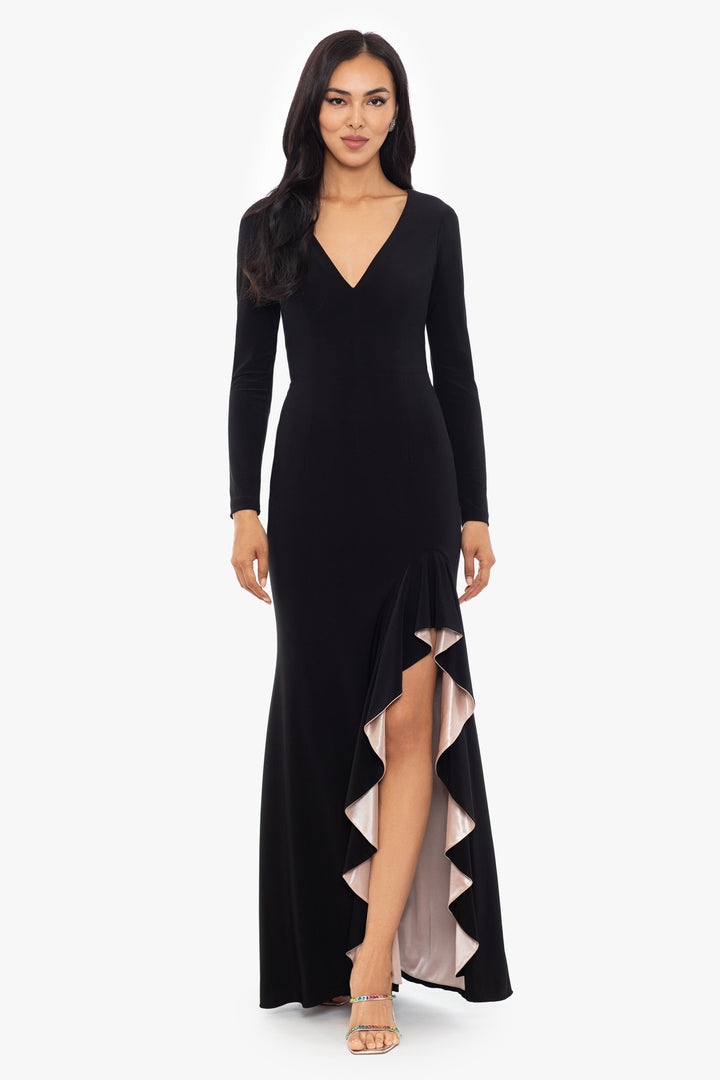 "Trudy" Long Sleeve Jersey Knit Contrast Lining Gown