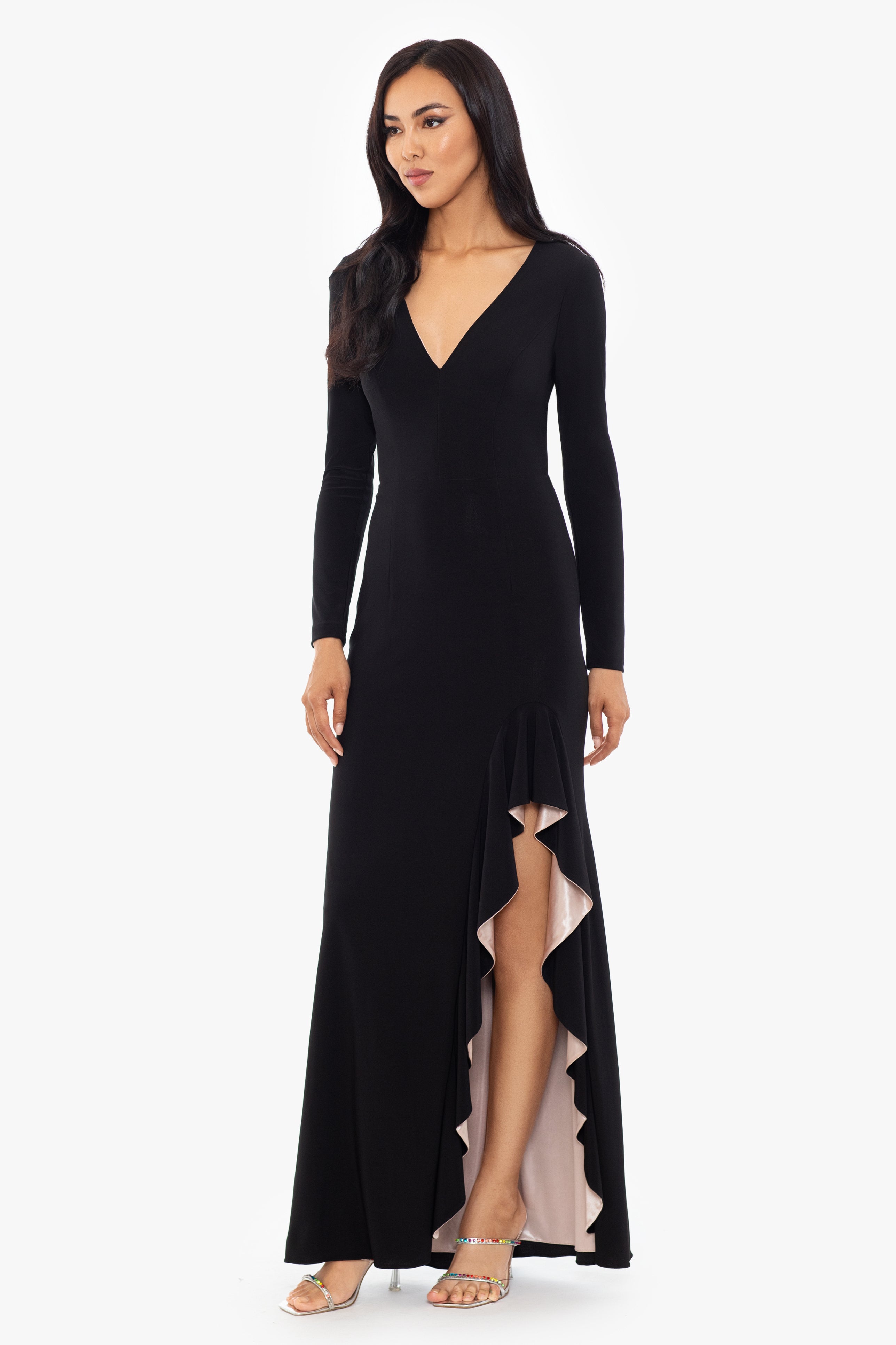 "Trudy" Long Sleeve Jersey Knit Contrast Lining Gown