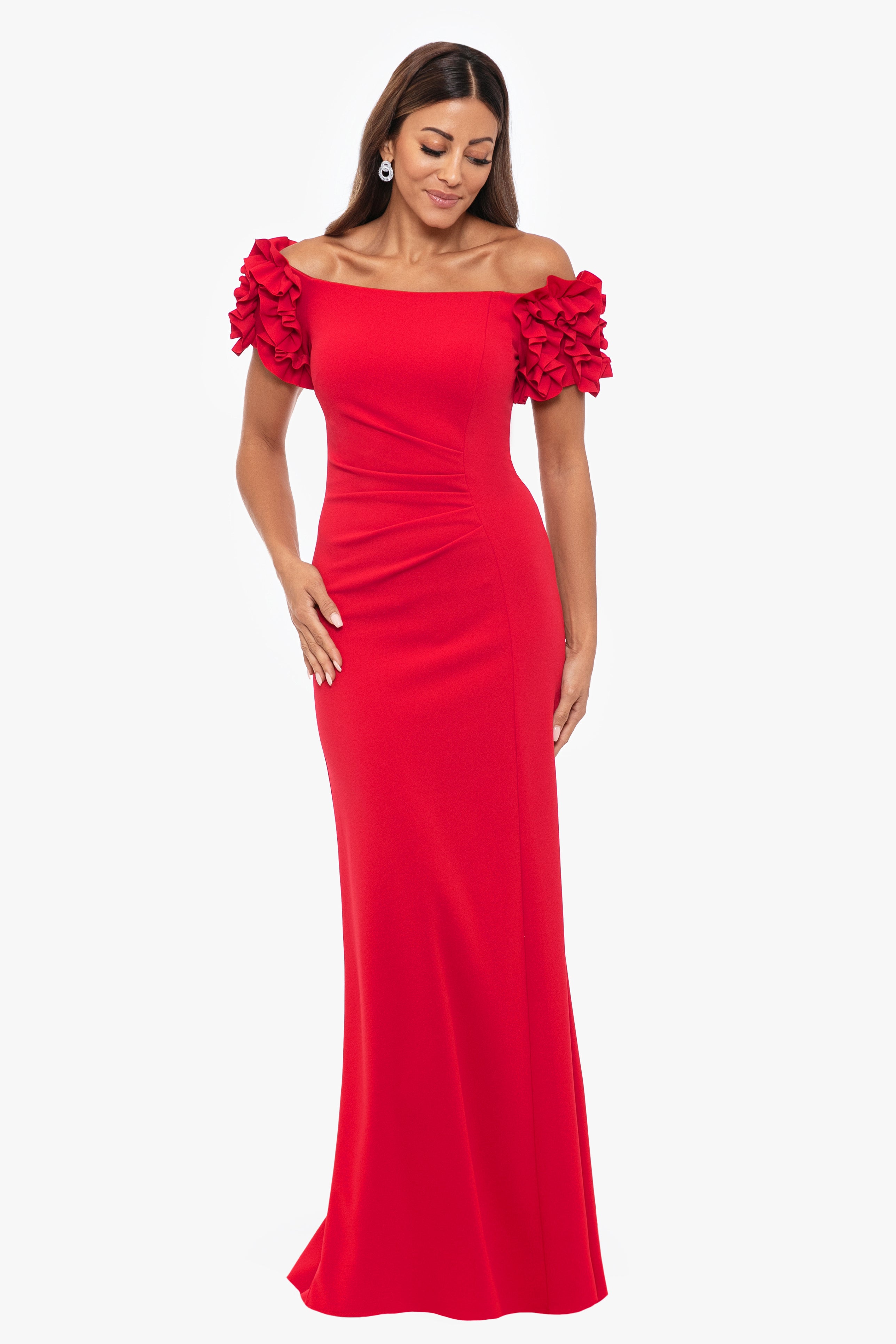 Petite "Sandy" Long Off the Shoulder Ruffle Scuba Crepe Floor Length Dress