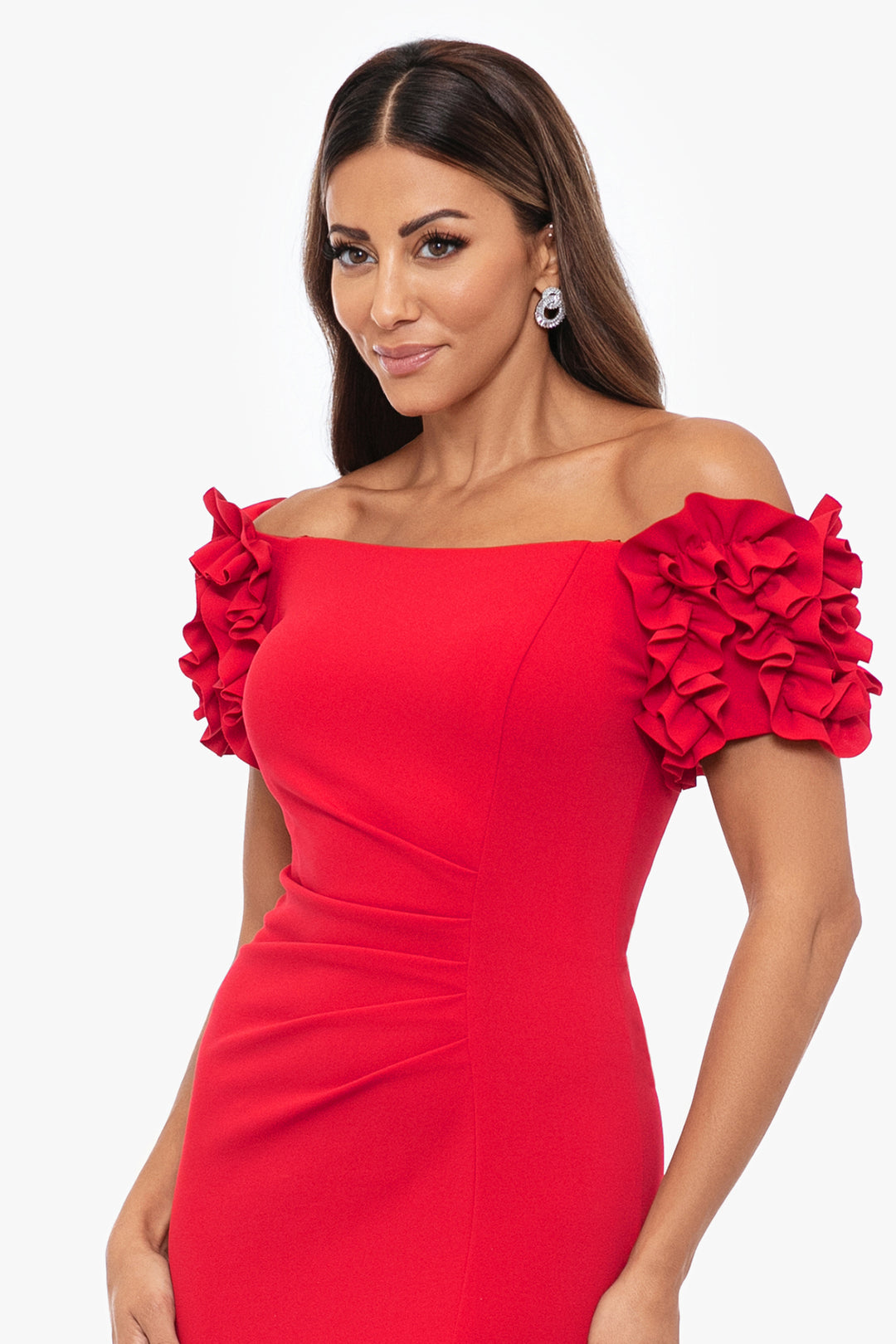 Petite "Sandy" Long Off the Shoulder Ruffle Scuba Crepe Floor Length Dress