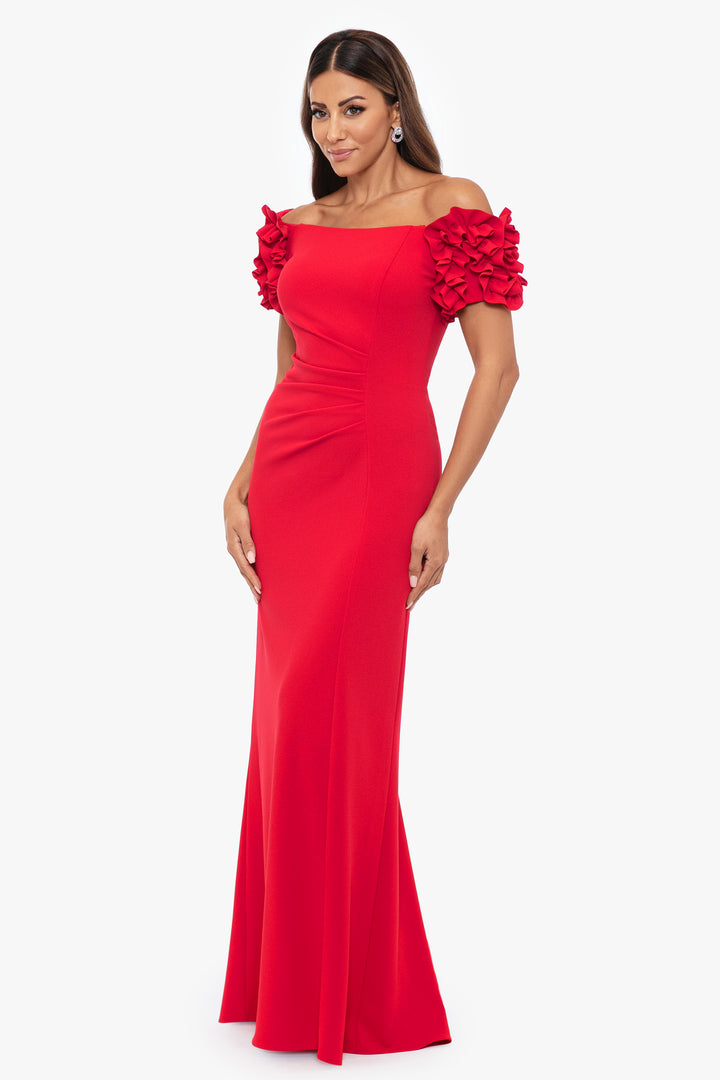 Petite "Sandy" Long Off the Shoulder Ruffle Scuba Crepe Floor Length Dress