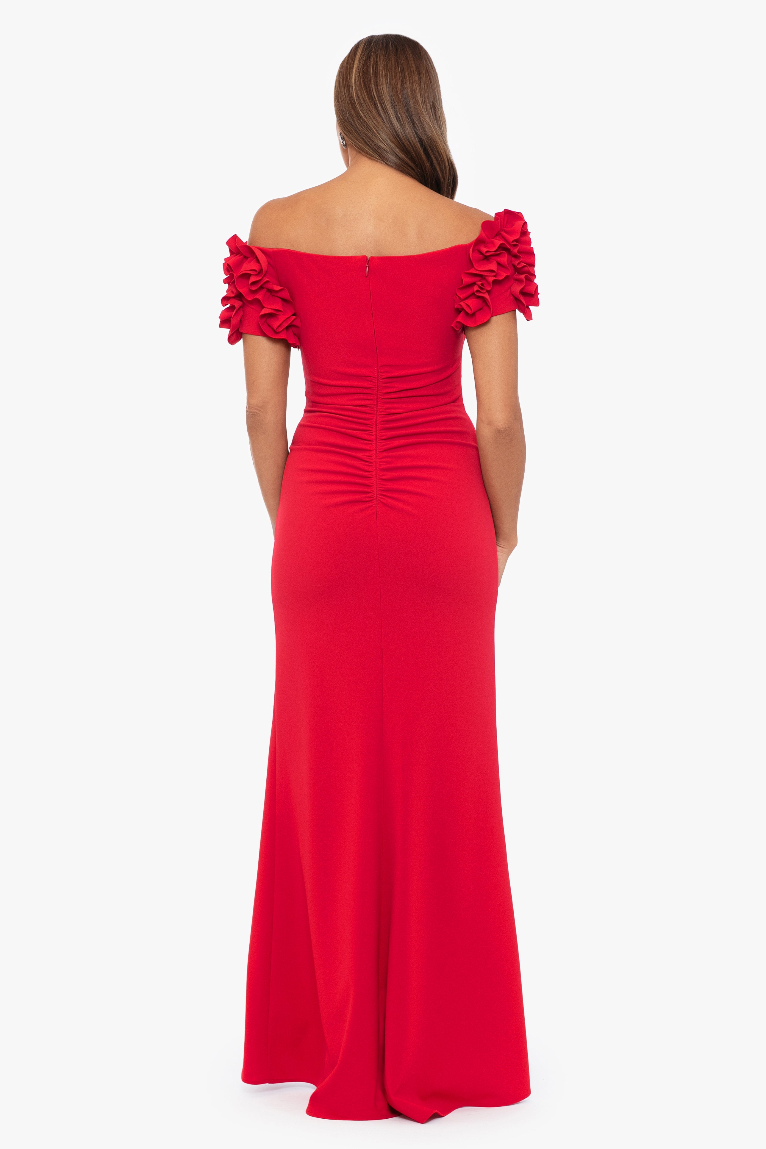 Petite "Sandy" Long Off the Shoulder Ruffle Scuba Crepe Floor Length Dress