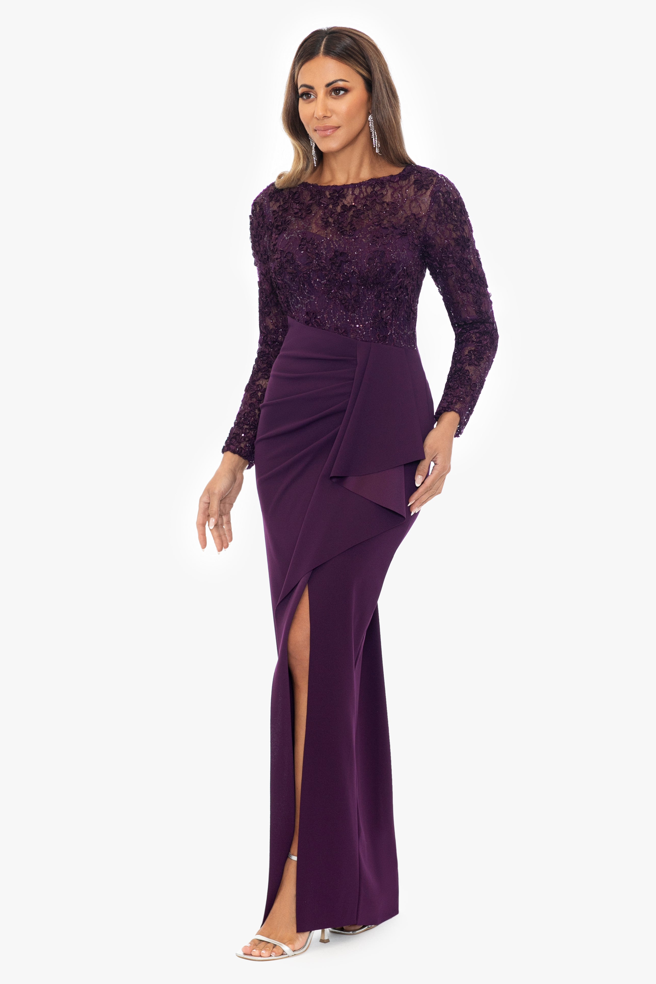 "Tania" Long Sleeve Scuba Crepe With Soutache Top Floor Length Dress