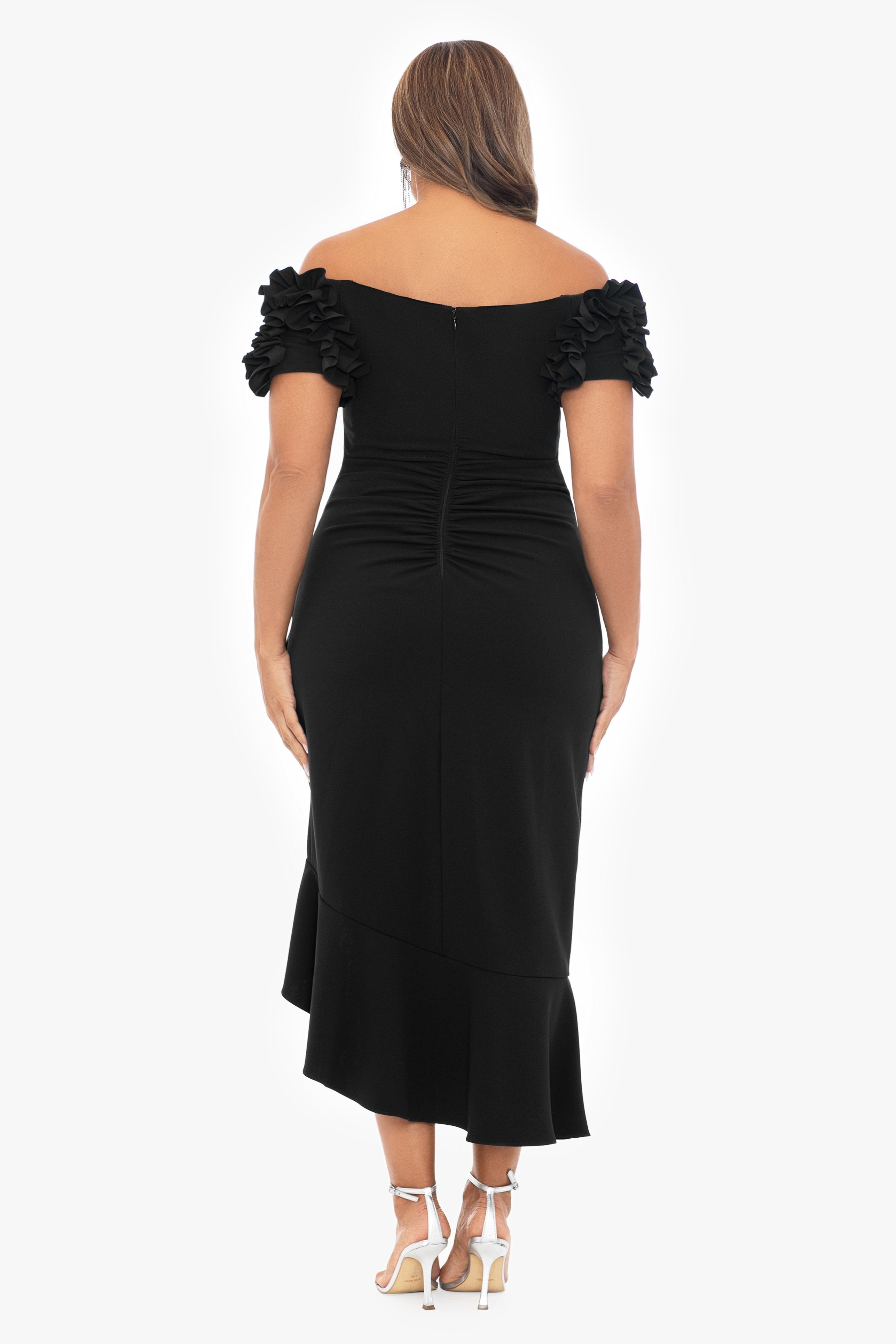 Plus "Loretta" Scuba Crepe Off the Shoulder Ruffle Sleeve Midi Dress