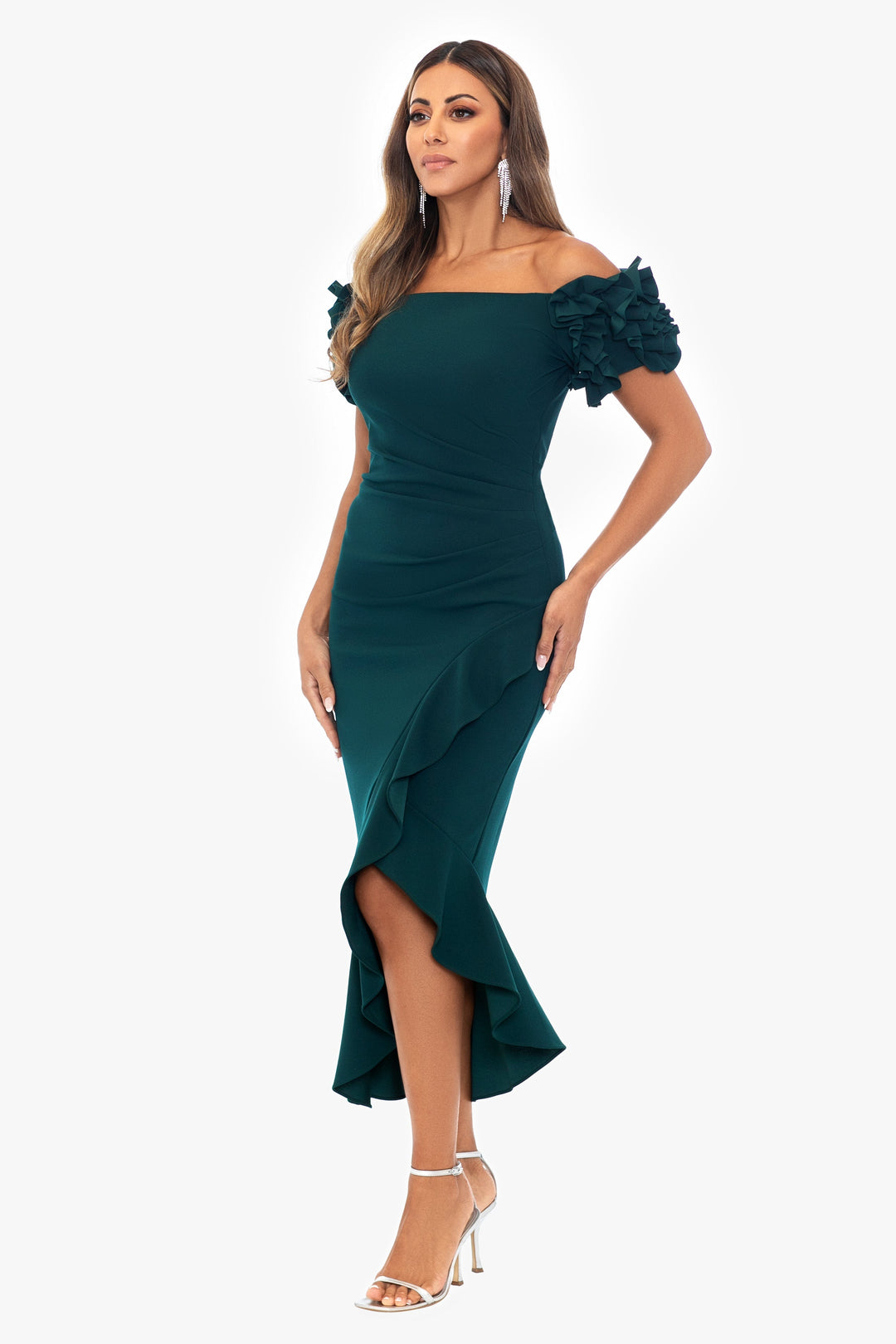 Petite "Loretta" Scuba Crepe Off the Shoulder Ruffle Sleeve Midi Dress