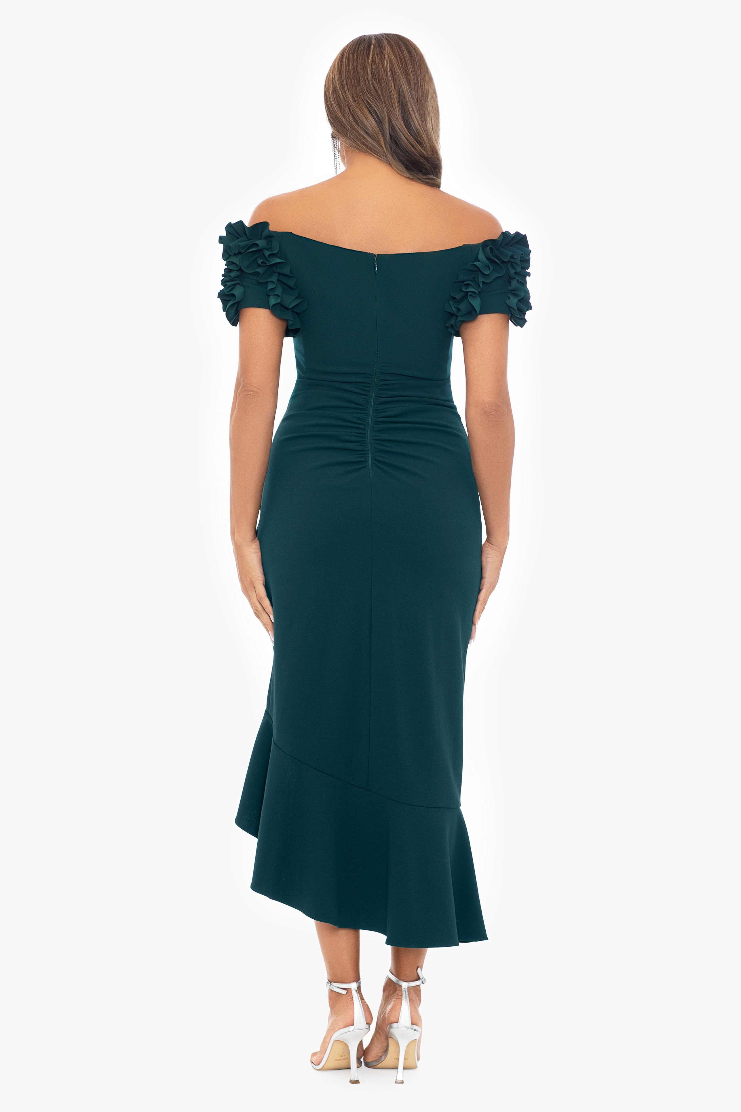 Petite "Loretta" Scuba Crepe Off the Shoulder Ruffle Sleeve Midi Dress