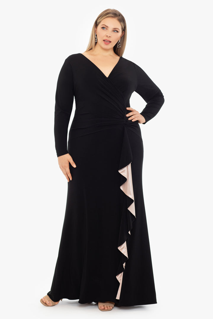 Plus "Trudy"  Long Sleeve Jersey Knit Contrast Lining Gown
