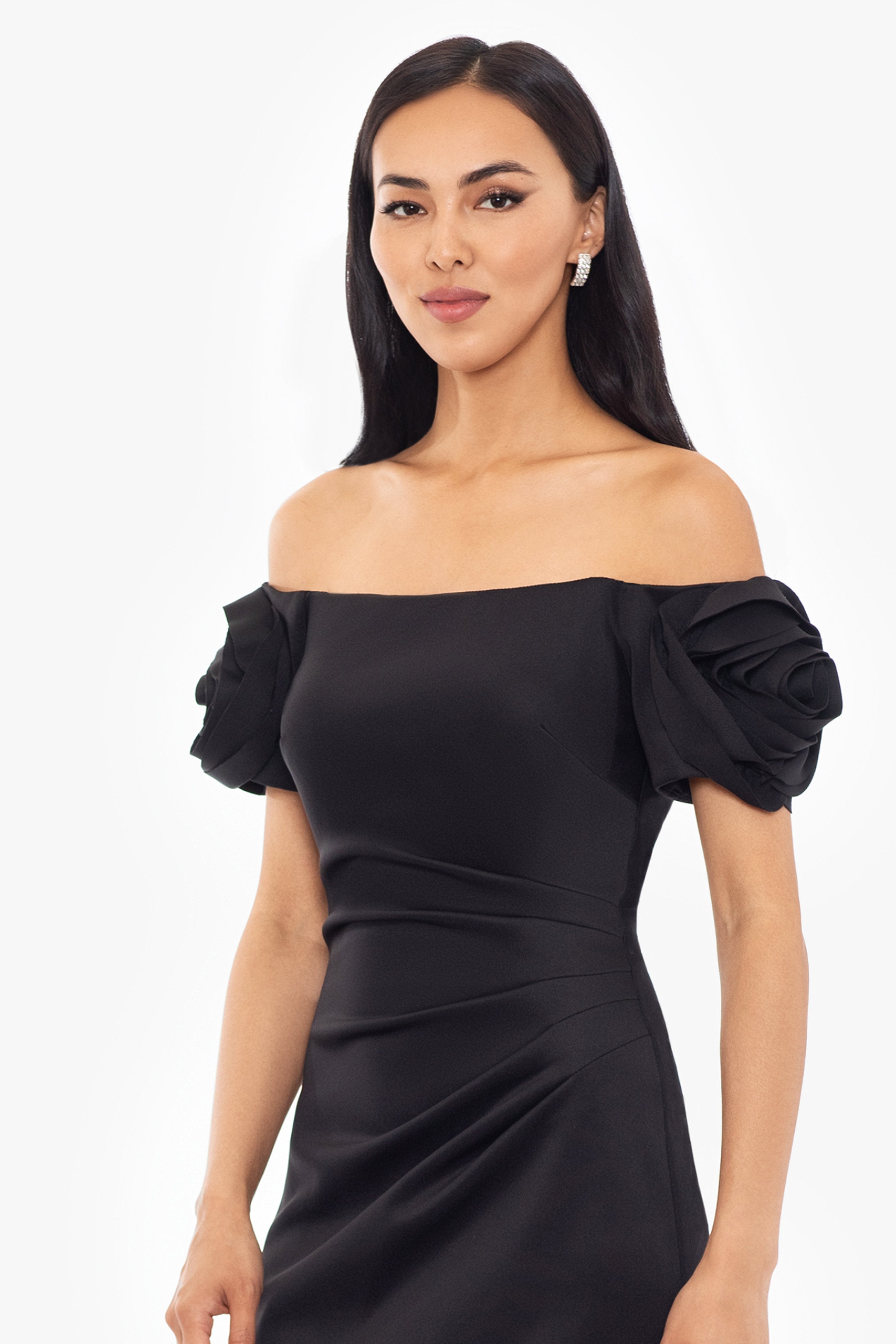 "Phoebe" Long Off the Shoulder Techno Scuba Ruffle Sleeve Dress