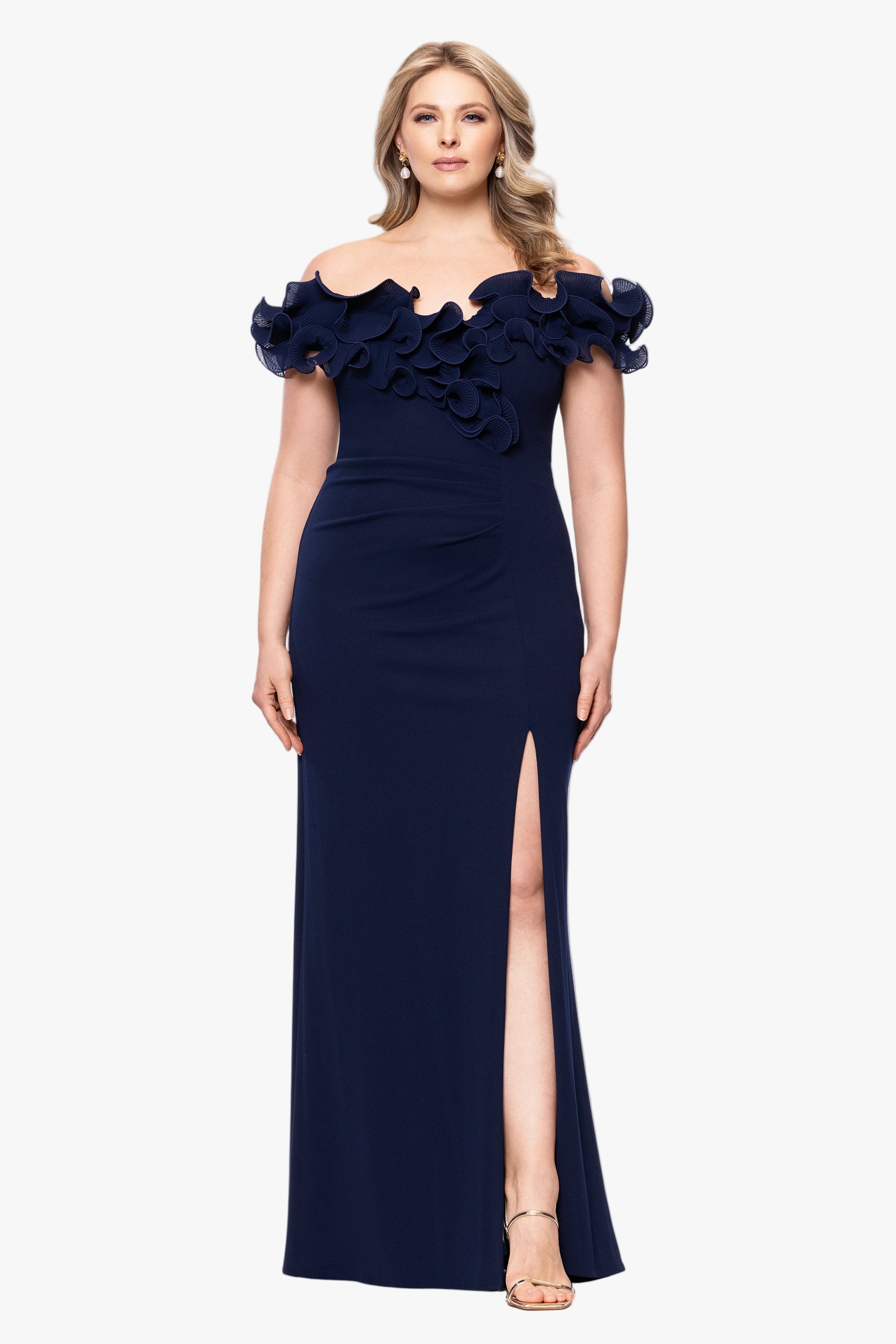 Plus "Anya" Scuba Crepe Off the Shoulder Chiffon Ruffle Neckline Floor Length Dress