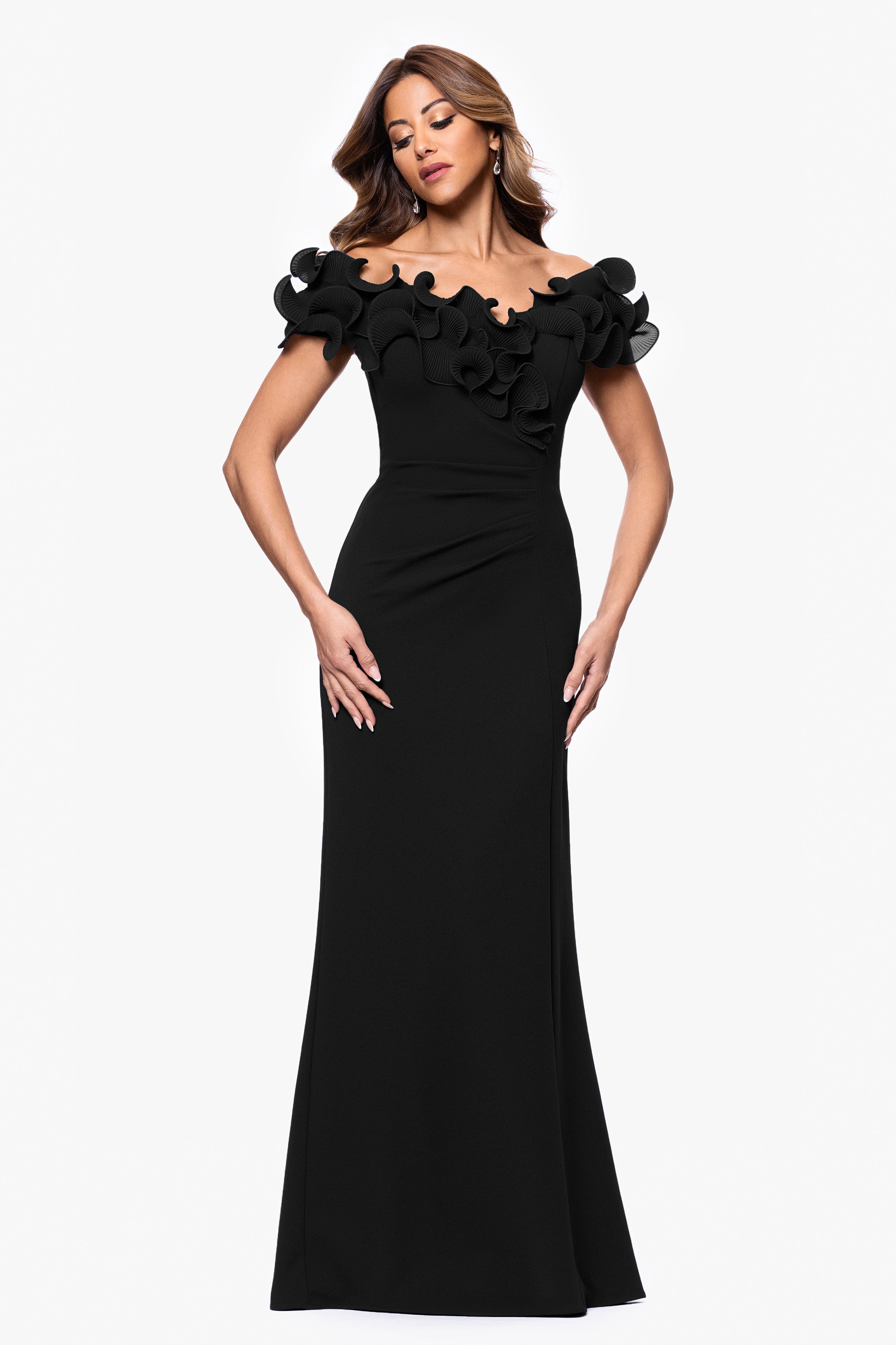 "Anya" Scuba Crepe Off the Shoulder Chiffon Ruffle Neckline Floor Length Dress