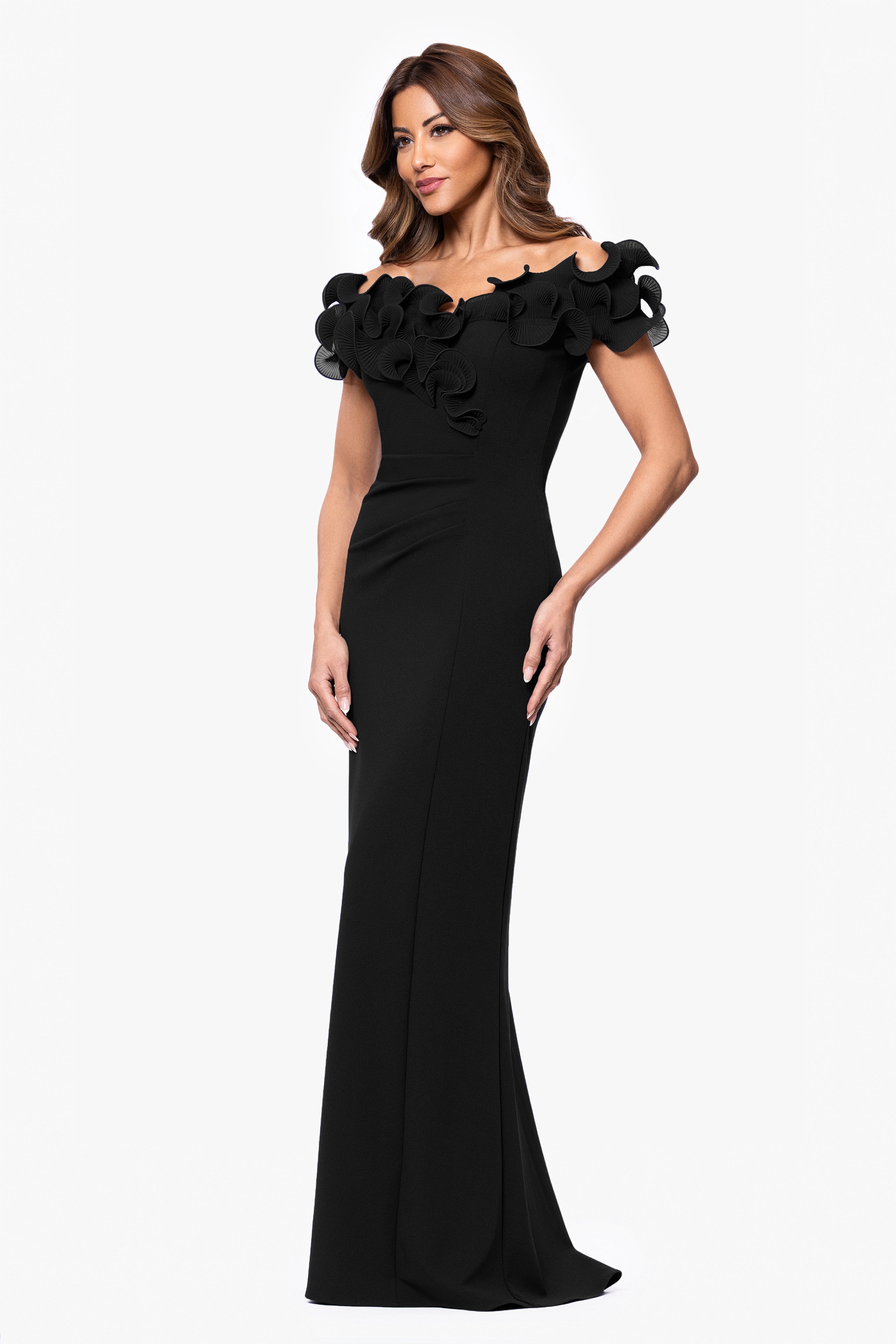 "Anya" Scuba Crepe Off the Shoulder Chiffon Ruffle Neckline Floor Length Dress