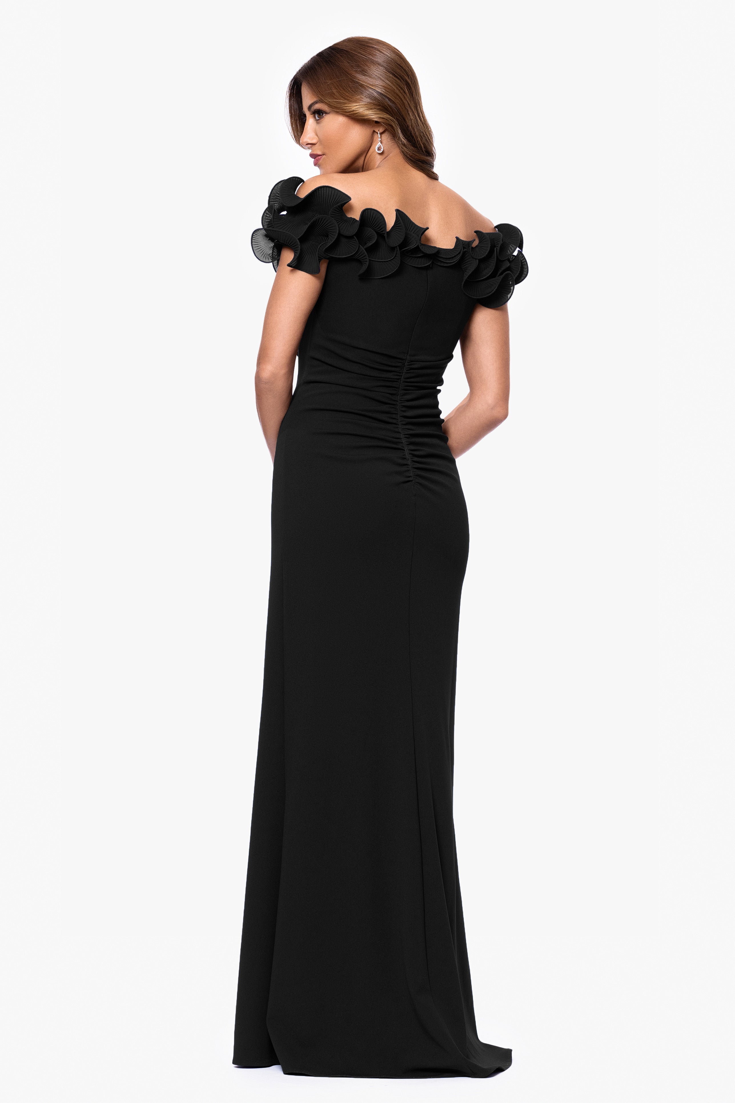 "Anya" Scuba Crepe Off the Shoulder Chiffon Ruffle Neckline Floor Length Dress