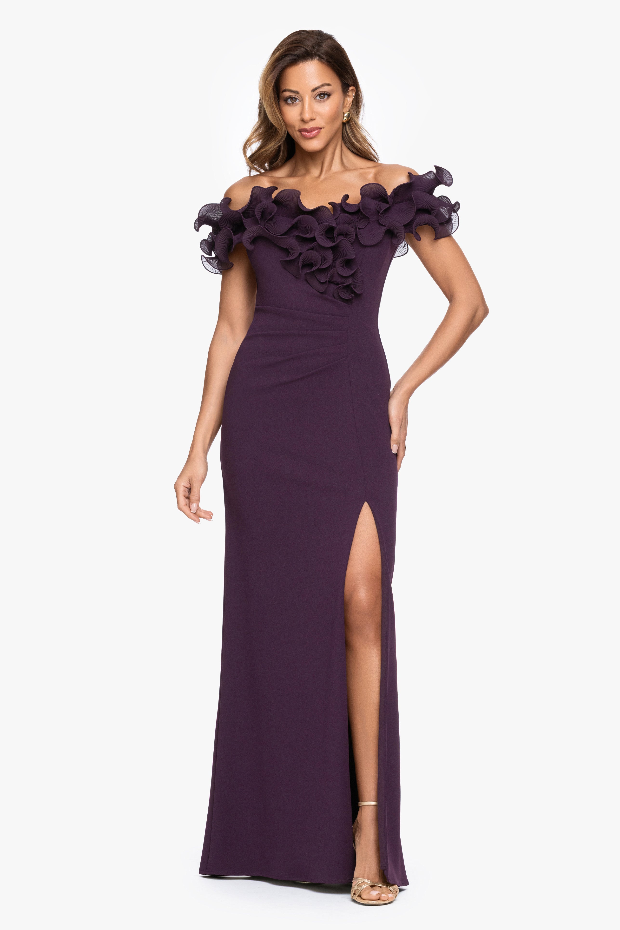 "Anya" Scuba Crepe Off the Shoulder Chiffon Ruffle Neckline Floor Length Dress