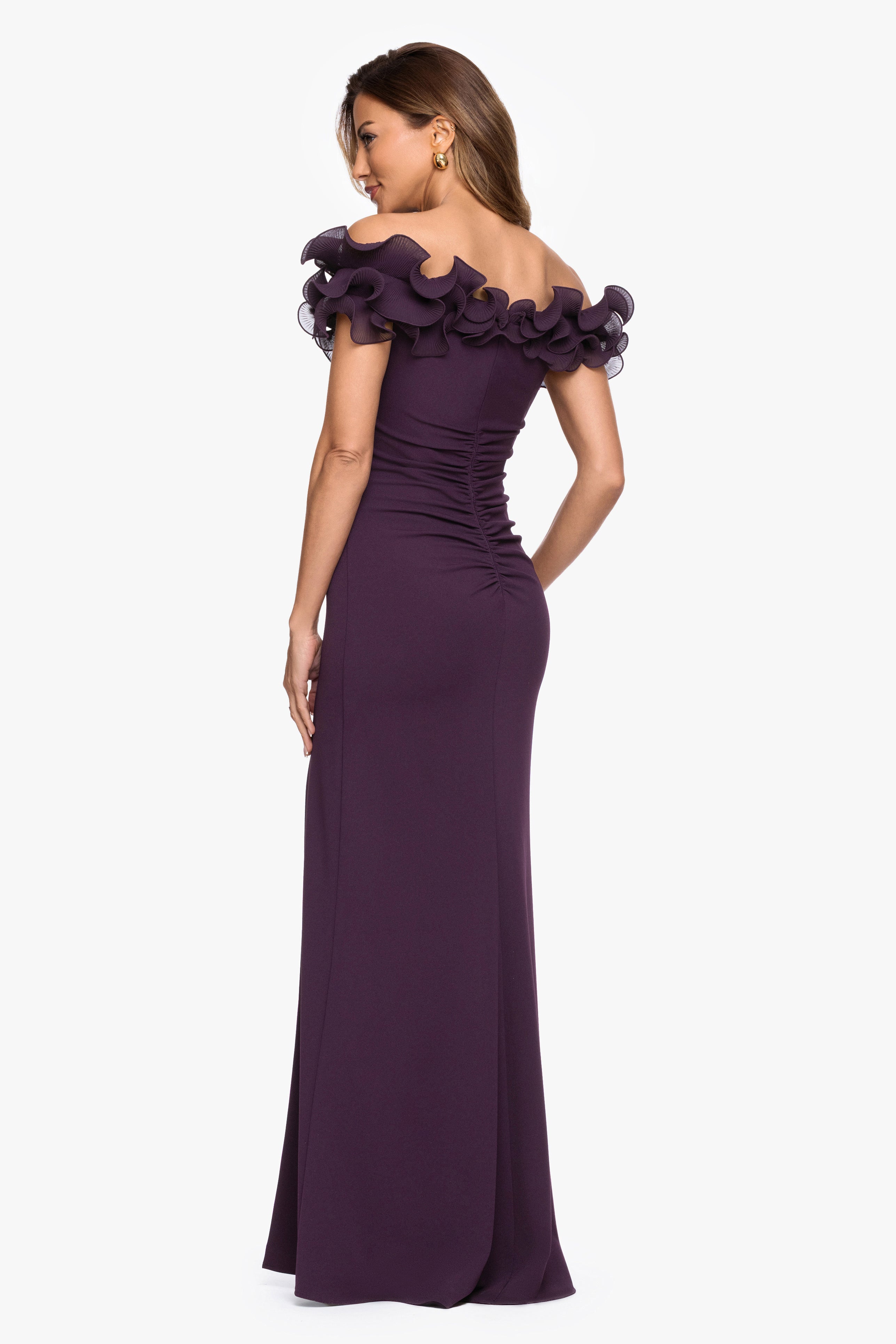 "Anya" Scuba Crepe Off the Shoulder Chiffon Ruffle Neckline Floor Length Dress