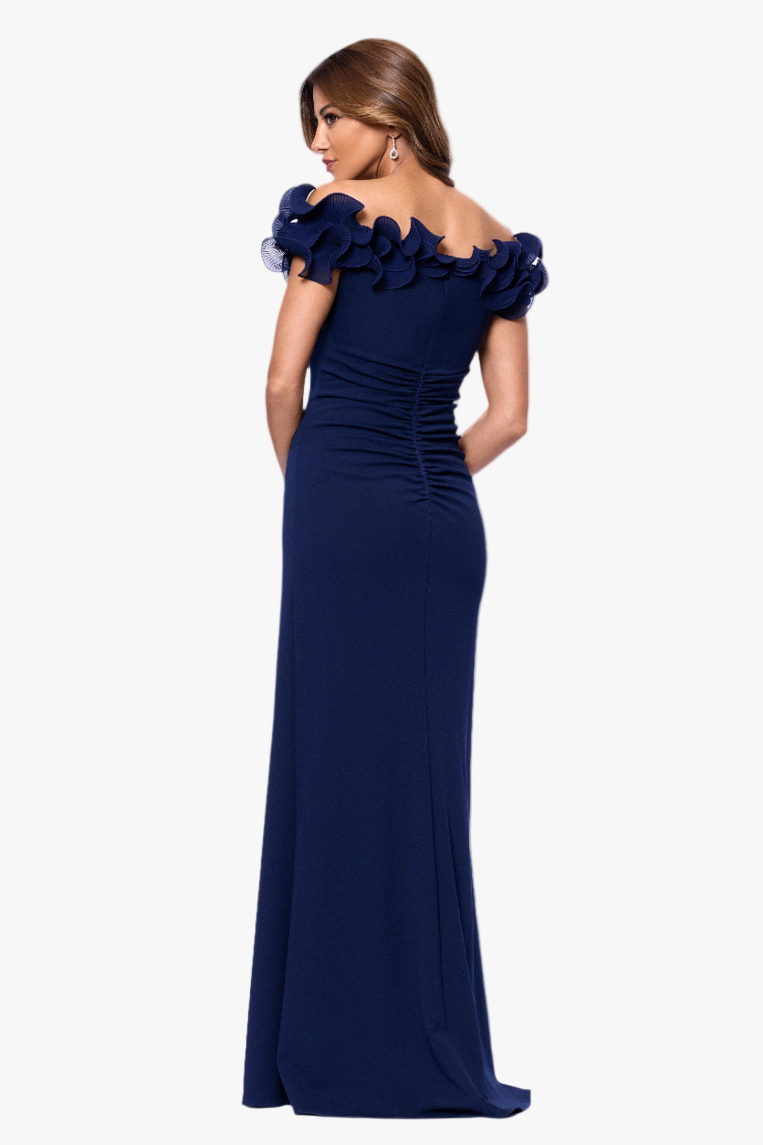 "Anya" Scuba Crepe Off the Shoulder Chiffon Ruffle Neckline Floor Length Dress