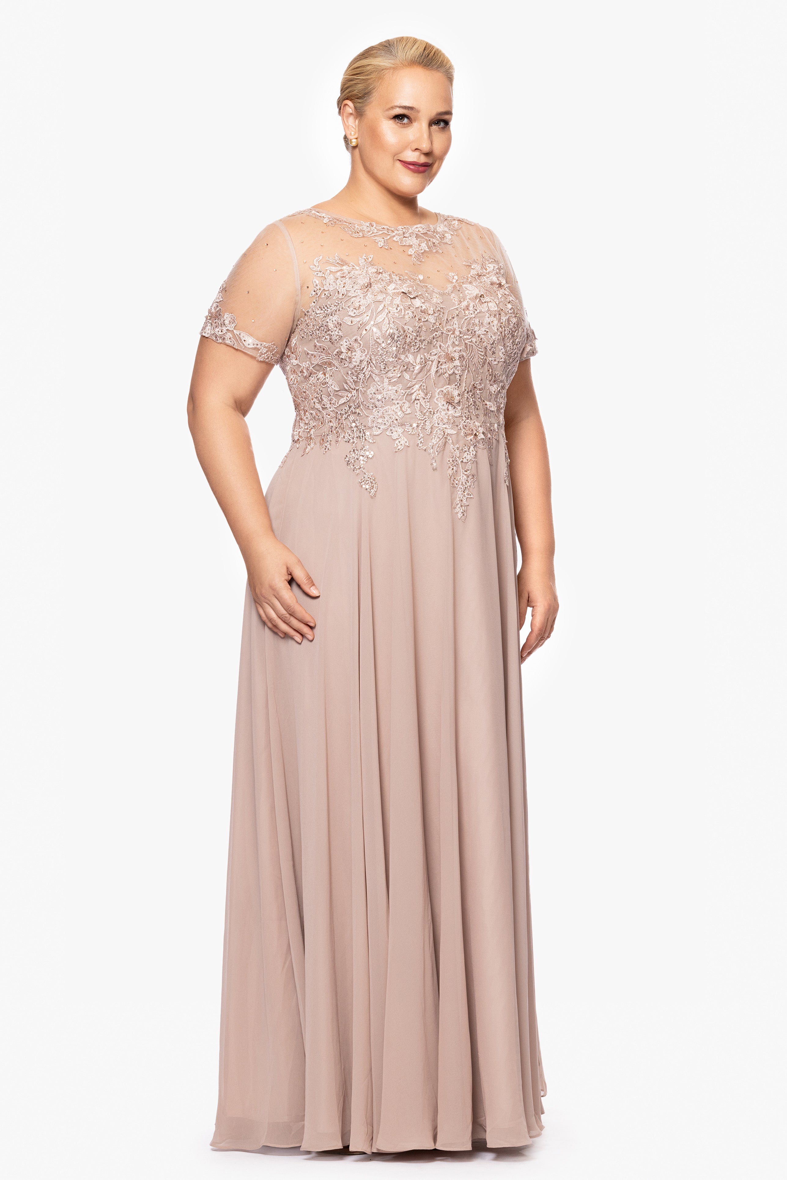 Plus "Angelica" Long Chiffon Beaded Mesh Top Dress