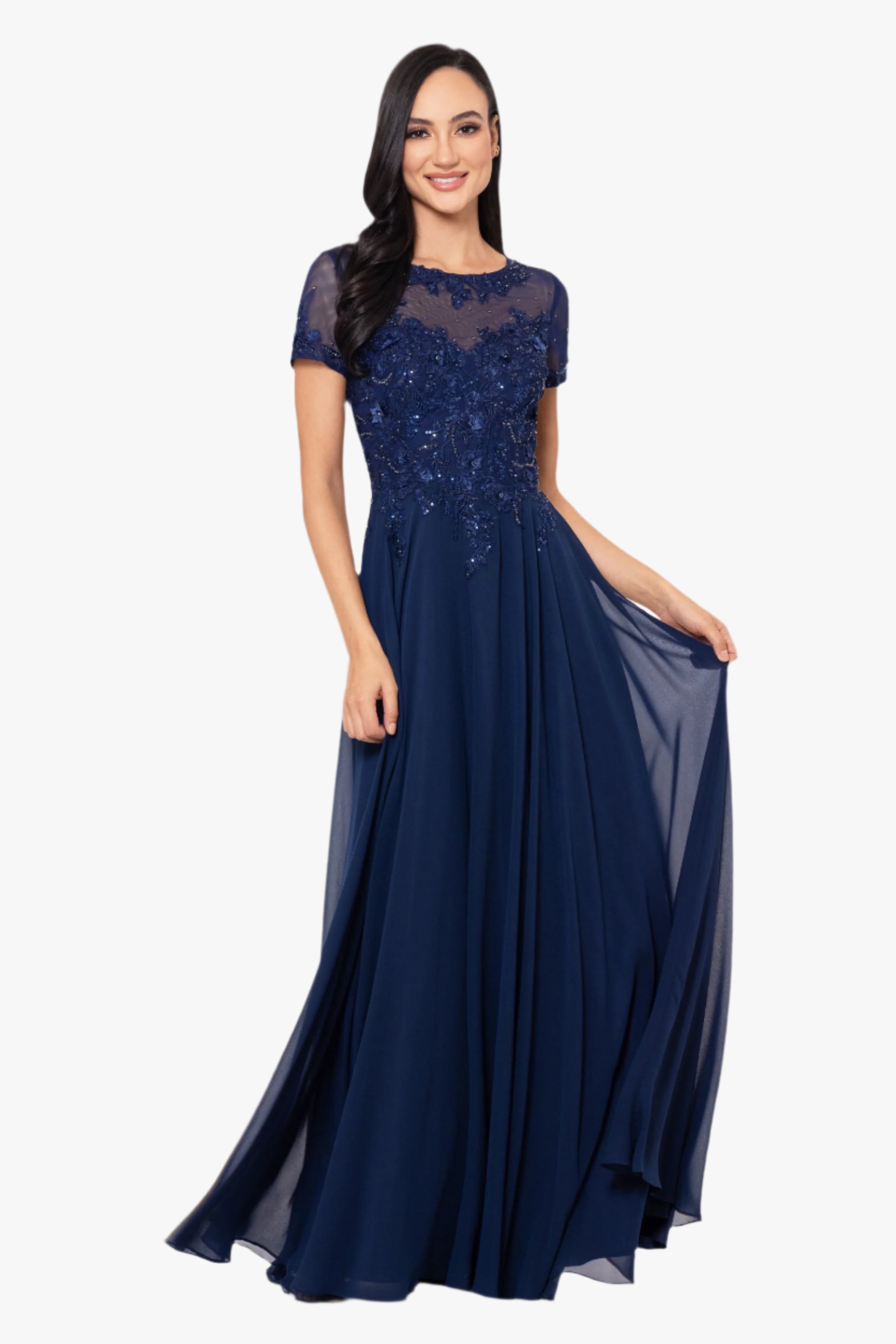 Petite "Angelica" Long Chiffon Beaded Mesh Top Dress