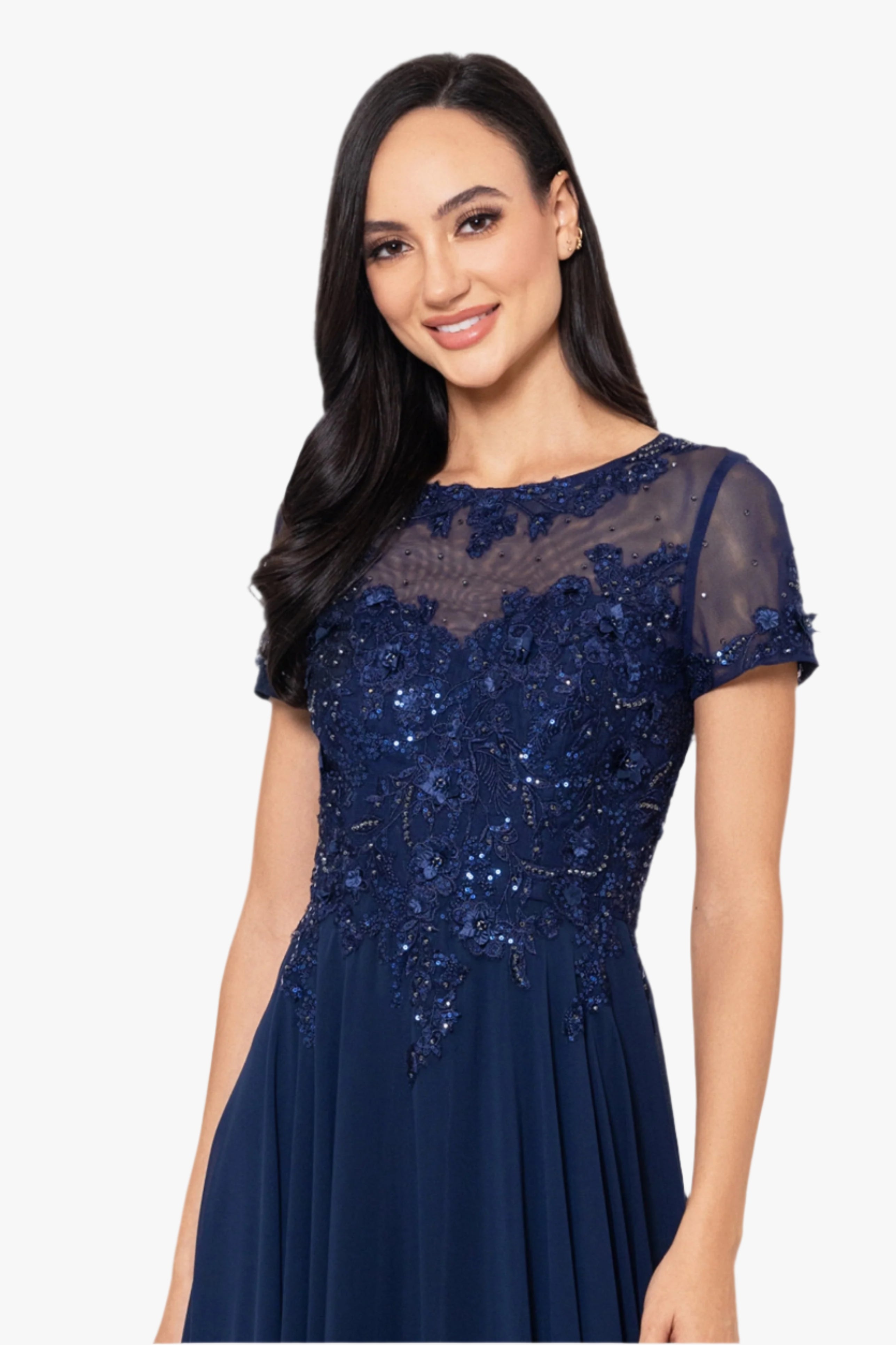 Petite "Angelica" Long Chiffon Beaded Mesh Top Dress