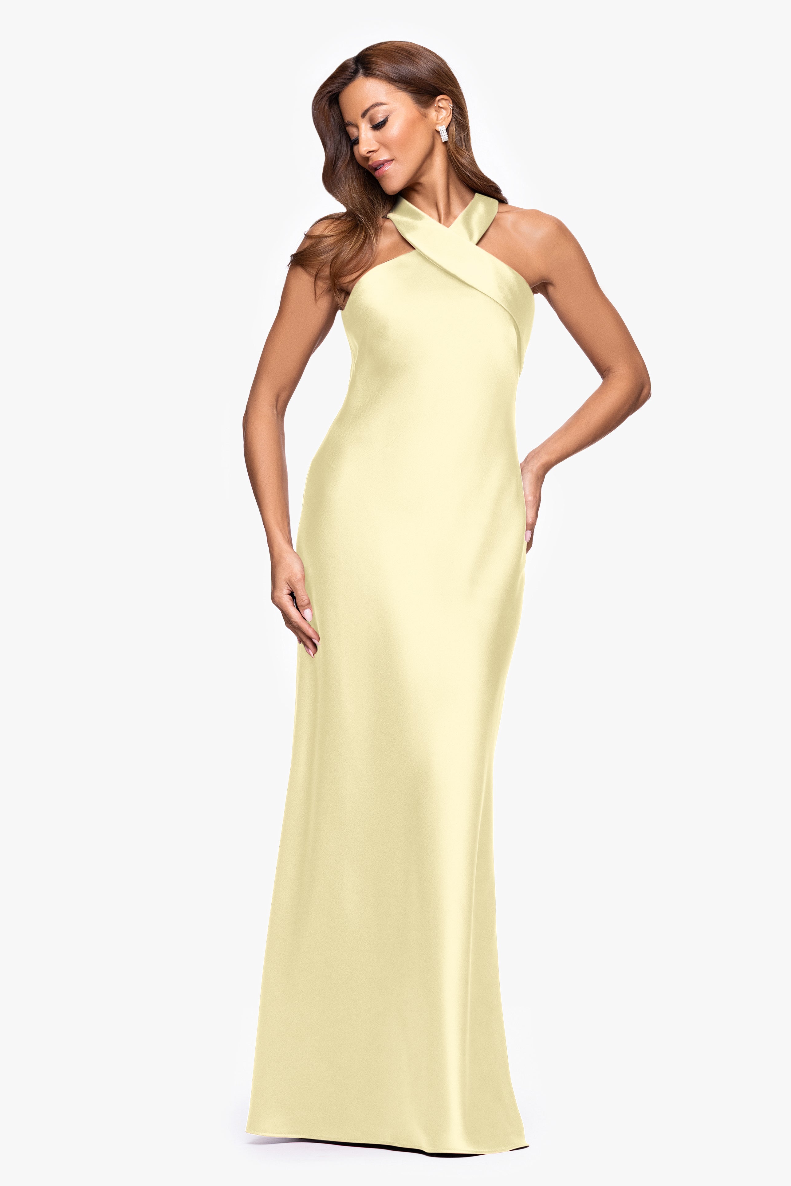 "Francesca" Satin Halter Tie Neck Floor Length Dress