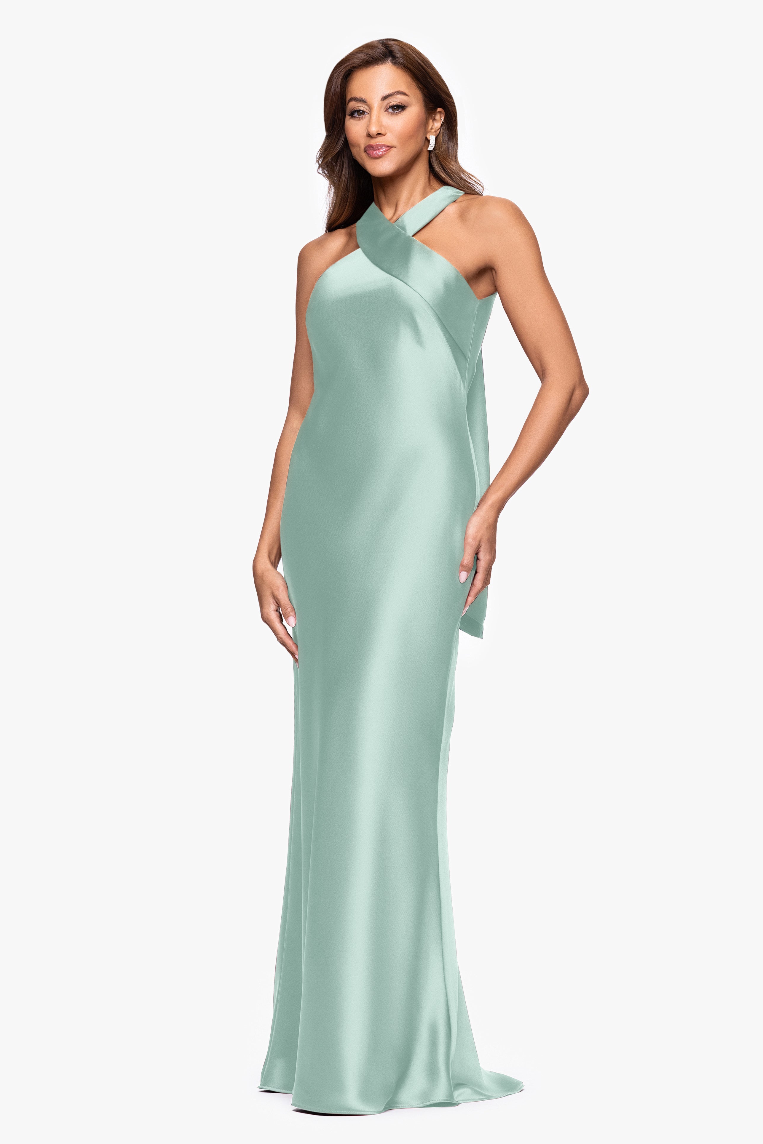 "Francesca" Satin Halter Tie Neck Floor Length Dress