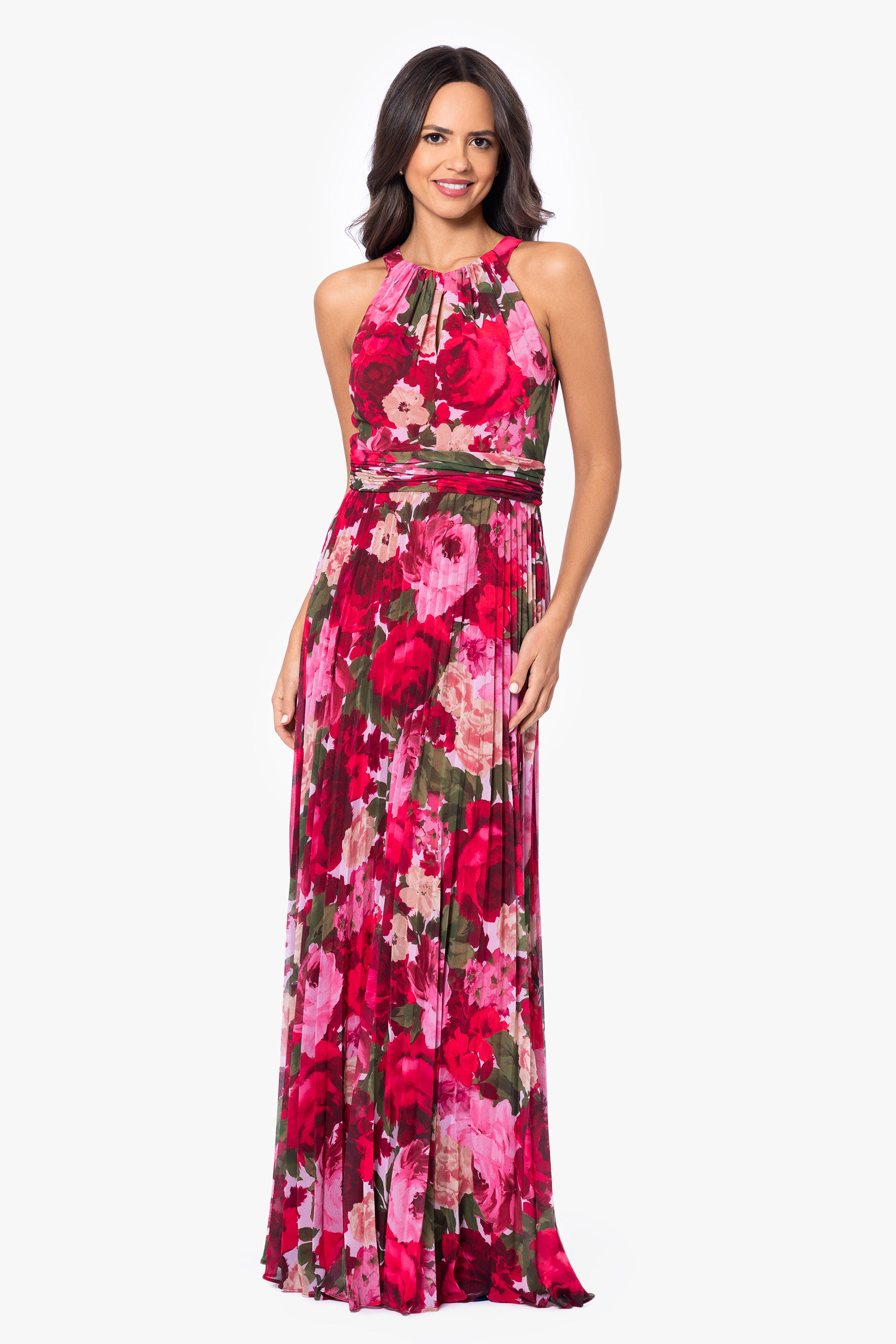 "Hillary" Halter Neck Print Chiffon Floor Length Pleated Dress