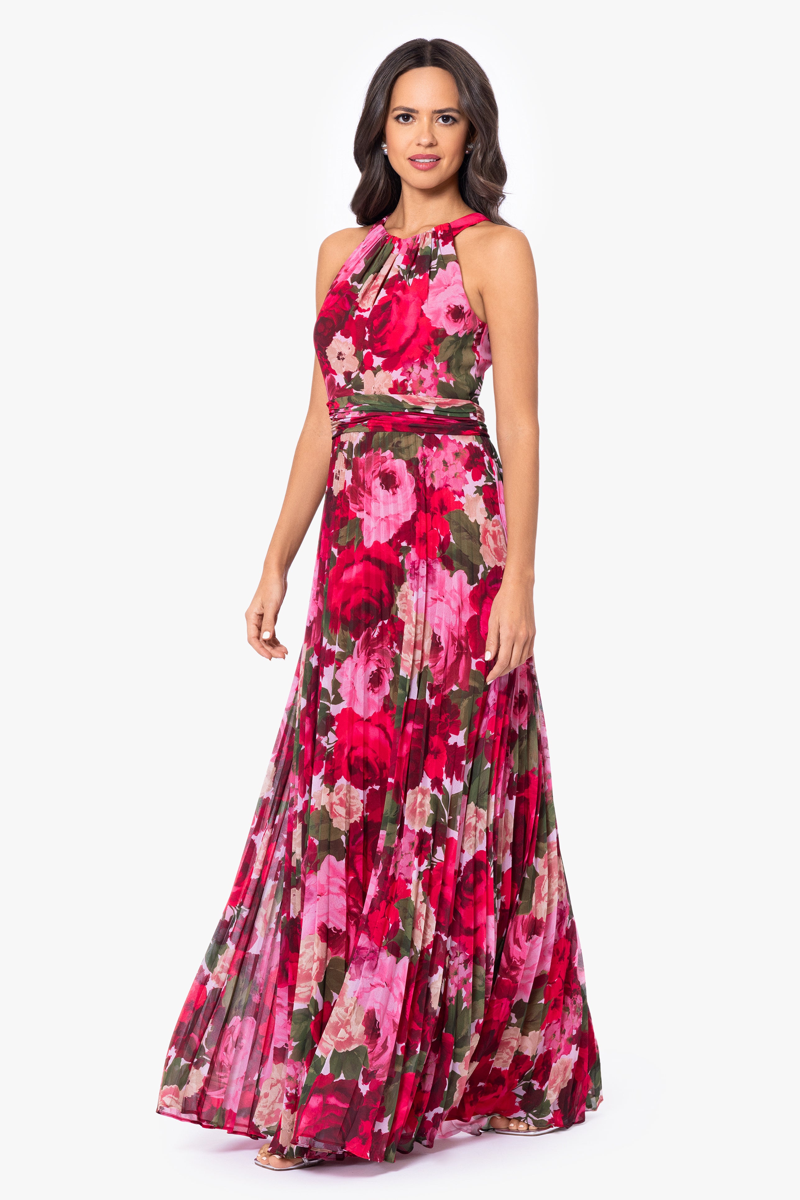 "Hillary" Halter Neck Print Chiffon Floor Length Pleated Dress