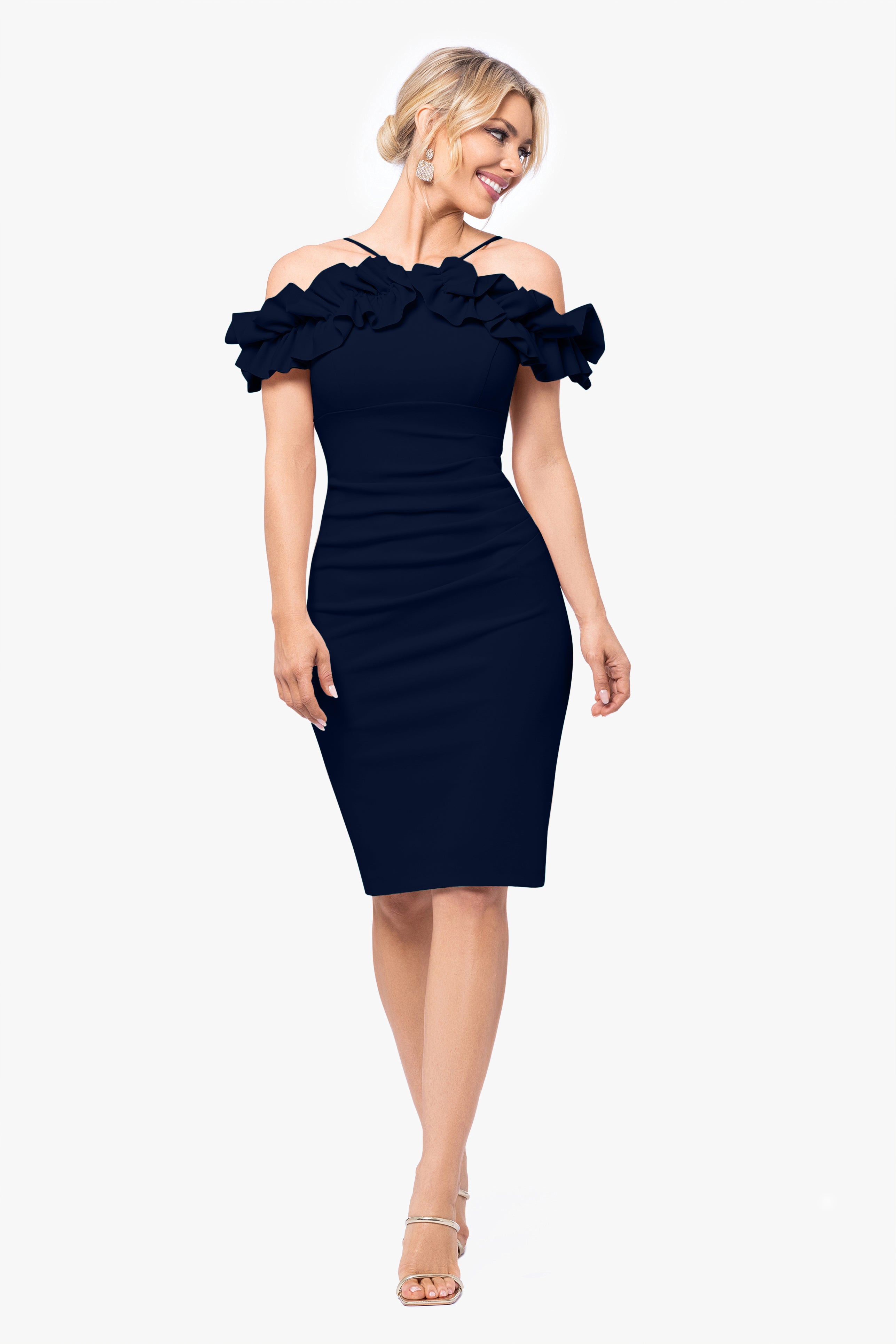 "Tyler" Short Scuba Crepe Off the Shoulder Ruffle Dress