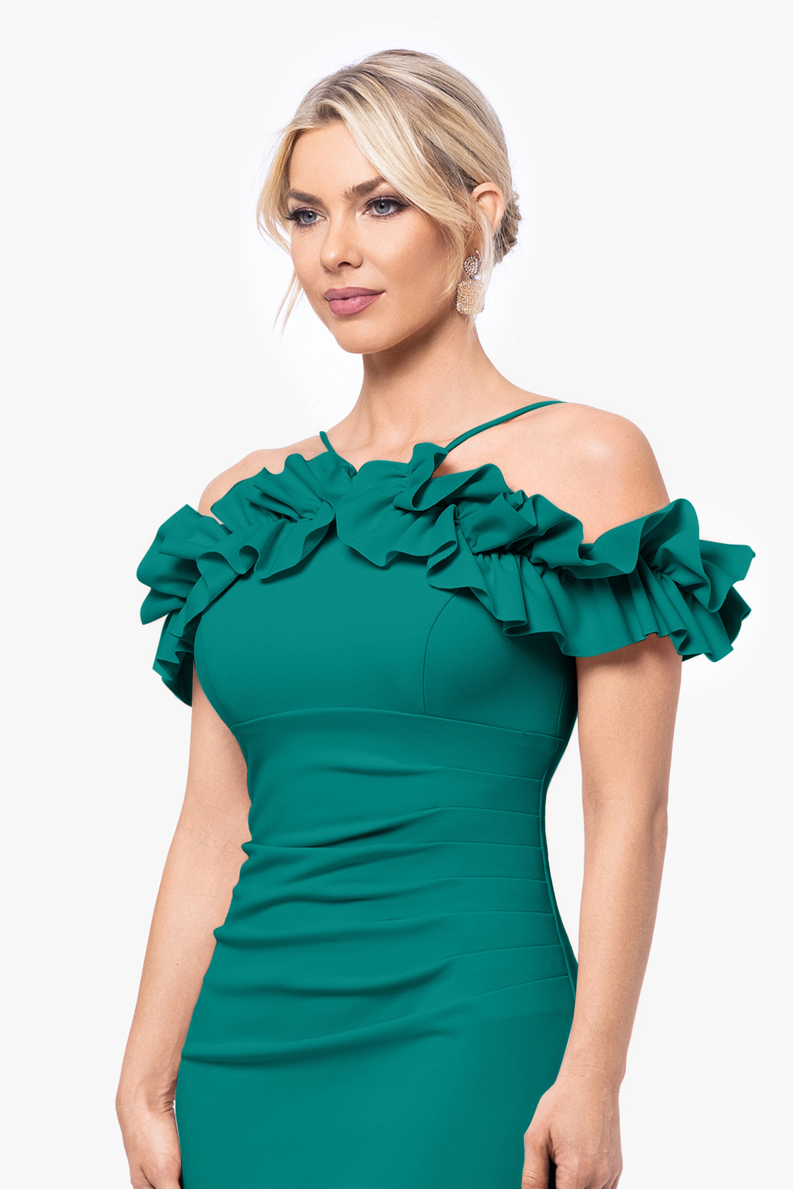 "Tyler" Short Scuba Crepe Off the Shoulder Ruffle Dress