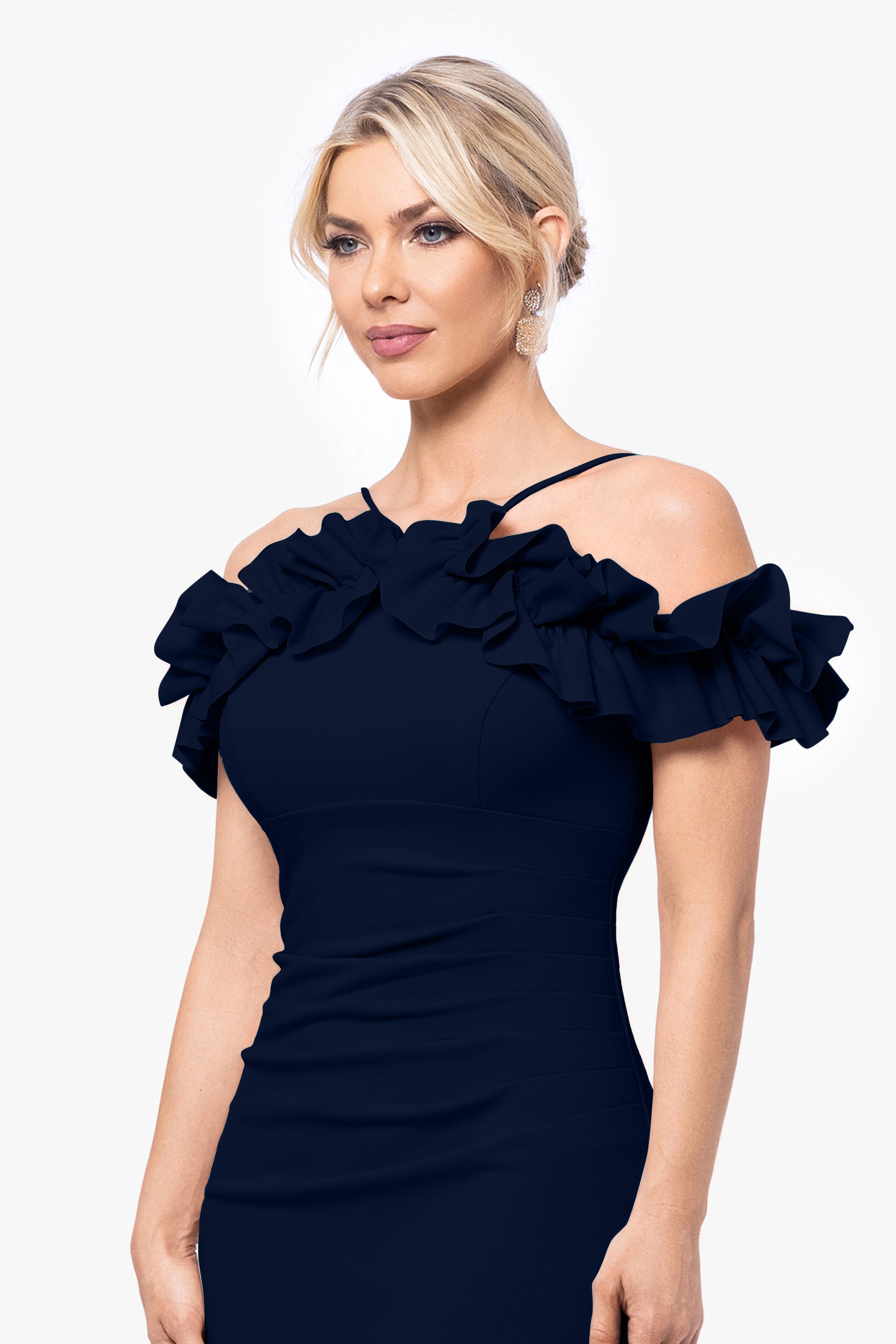 "Tyler" Short Scuba Crepe Off the Shoulder Ruffle Dress