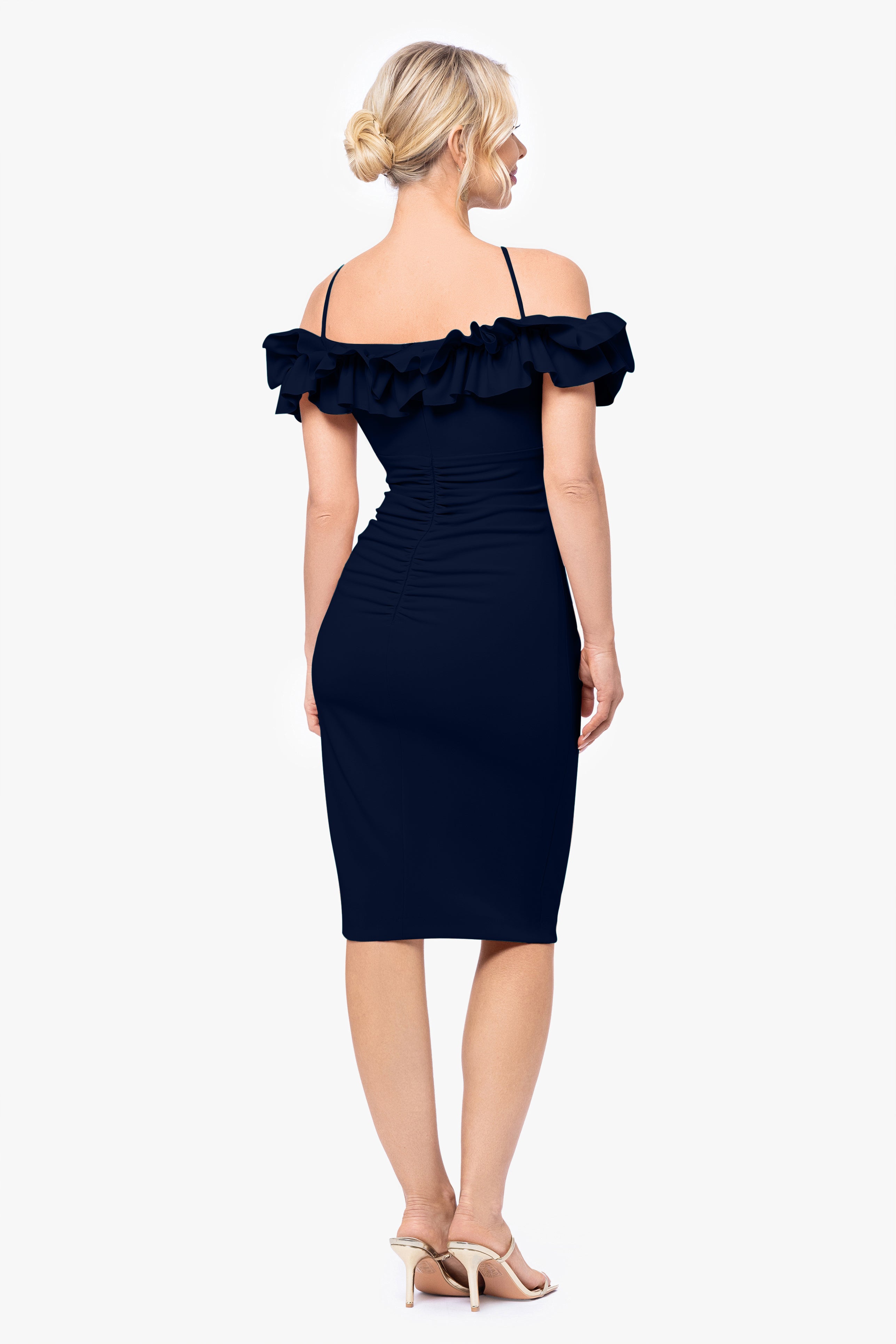 "Tyler" Short Scuba Crepe Off the Shoulder Ruffle Dress